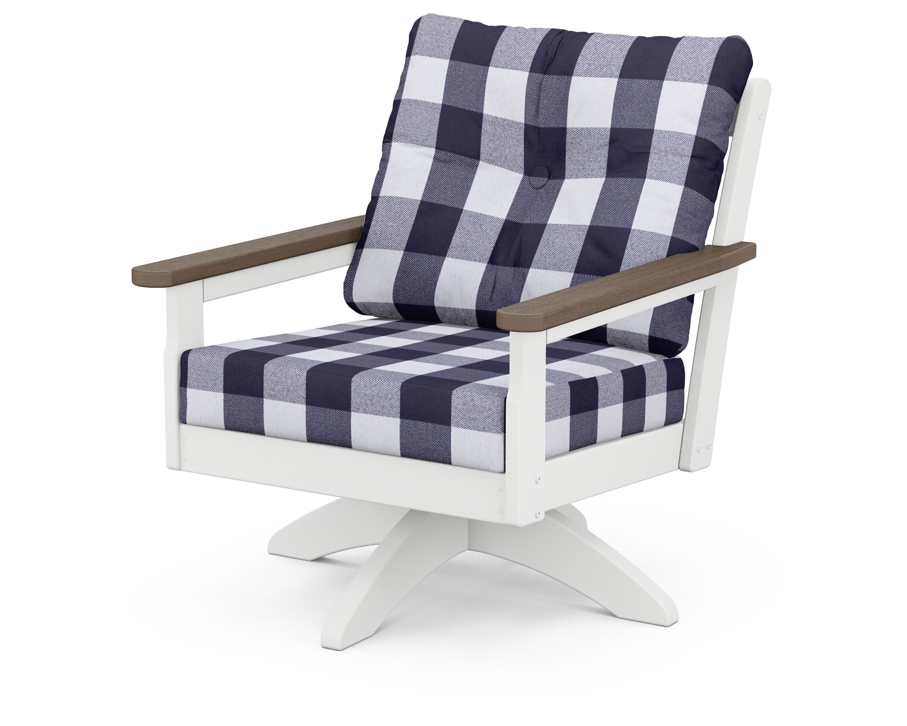 Vineyard Deep Seating Swivel Chair in White / Kona / Buffalo Plaid Navy