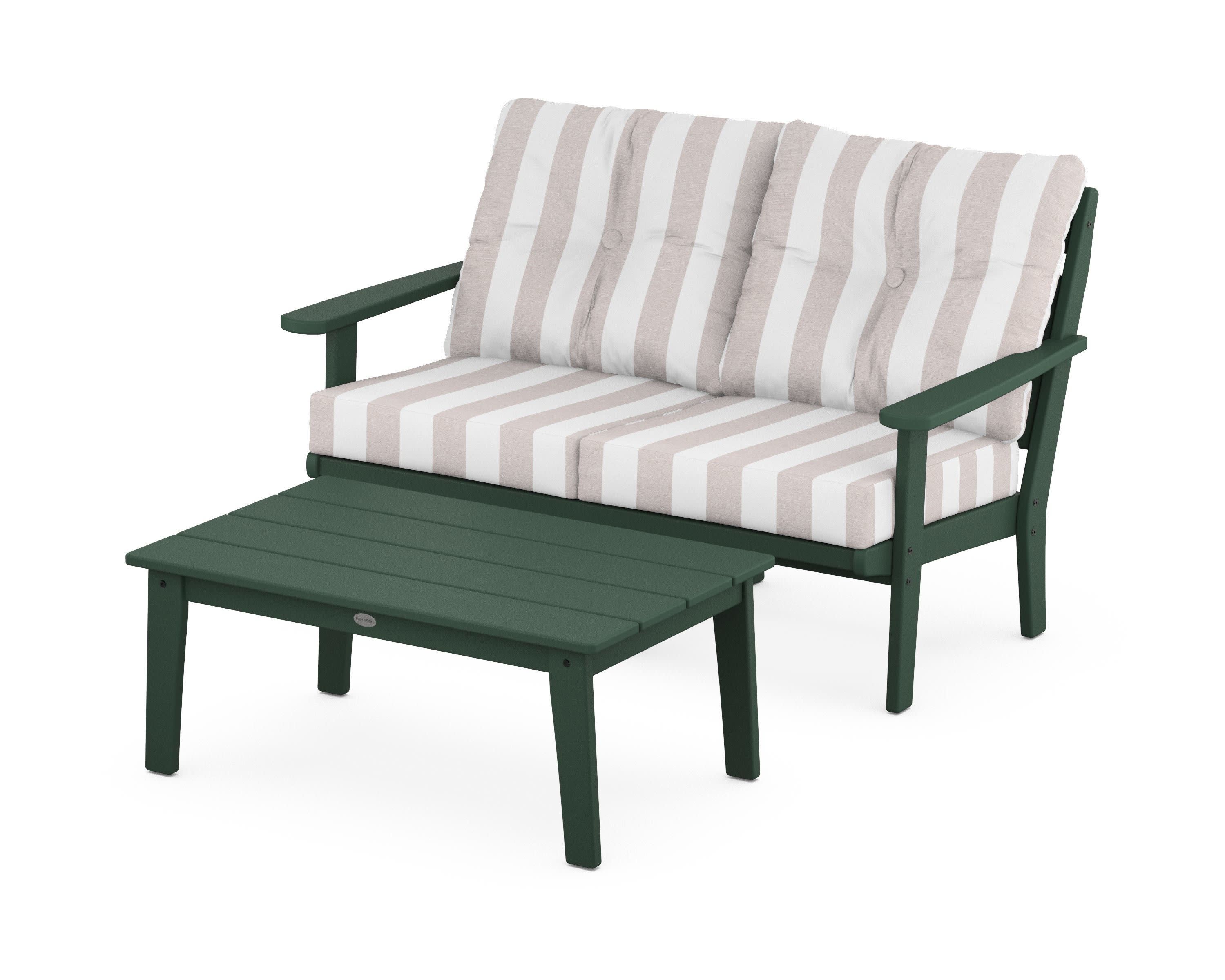 Lakeside 2-Piece Lounge Loveseat Set in Green / Cabana Stripe Dune Burlap