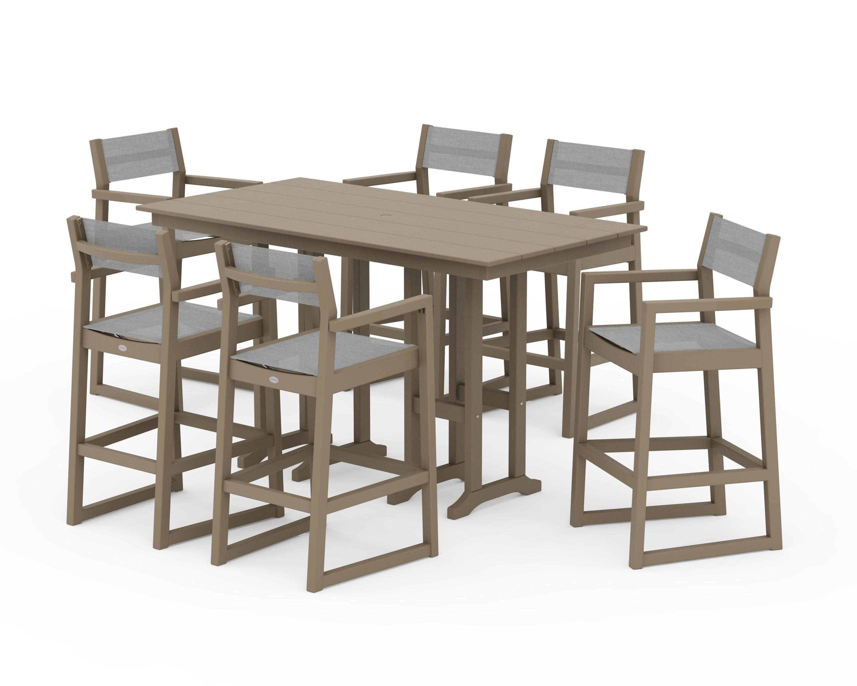 EDGE Sling Arm Chair 7-Piece Farmhouse Bar Set in Vintage Sahara / Metallic Sling