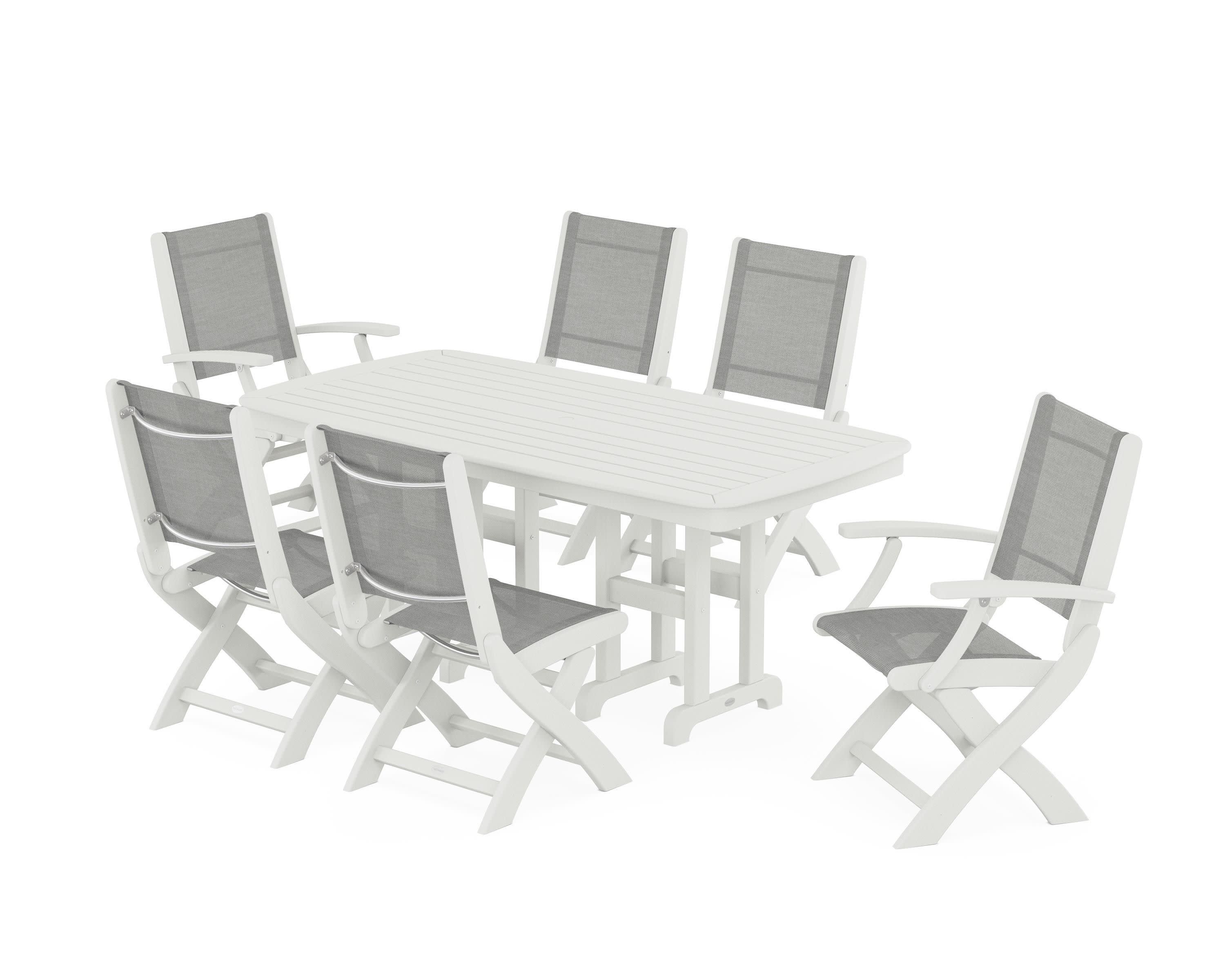 Coastal Folding Chair 7-Piece Dining Set in Vintage White / Metallic Sling