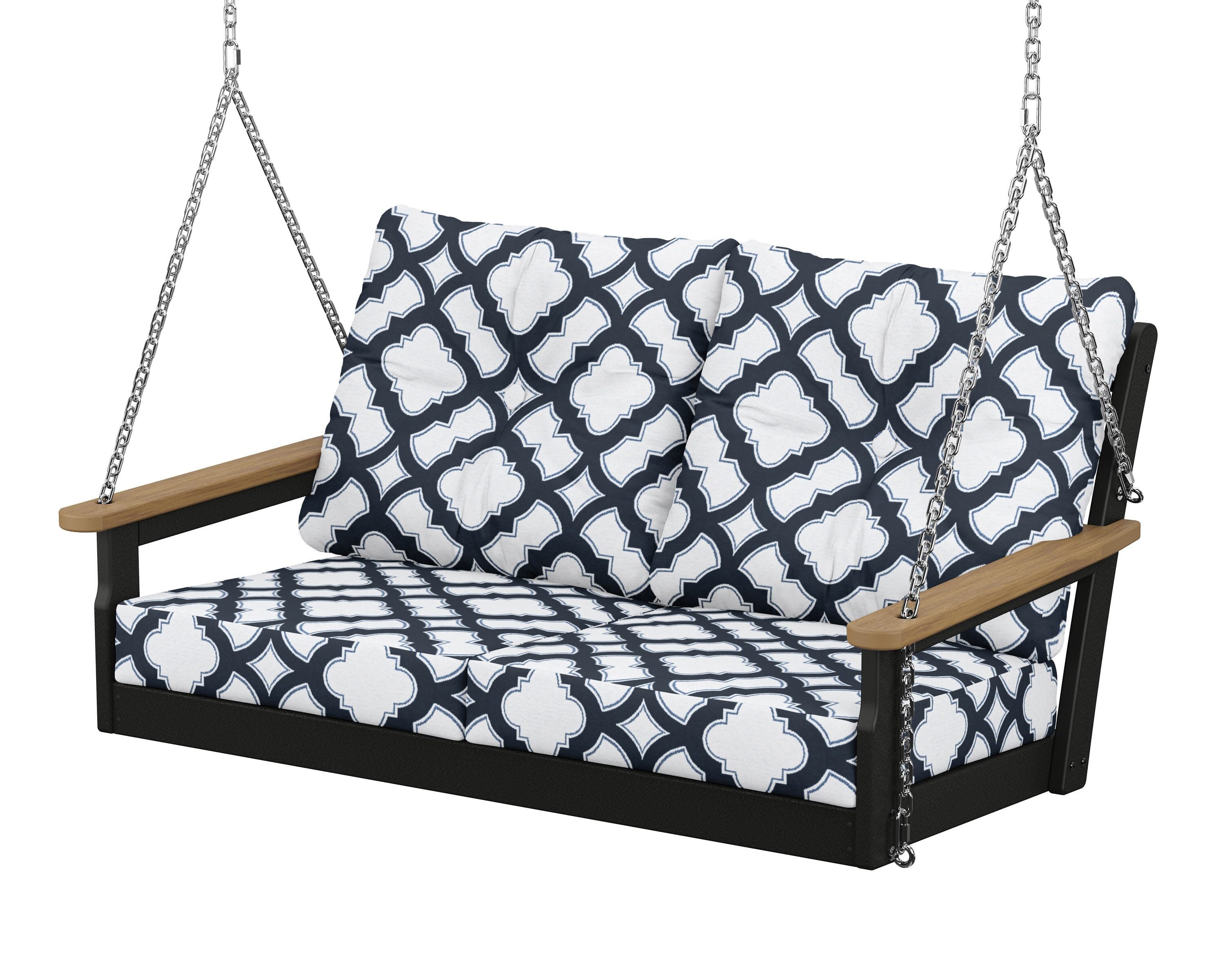 Vineyard Deep Seating Swing in Black / Natural / Trellis Marine Indigo