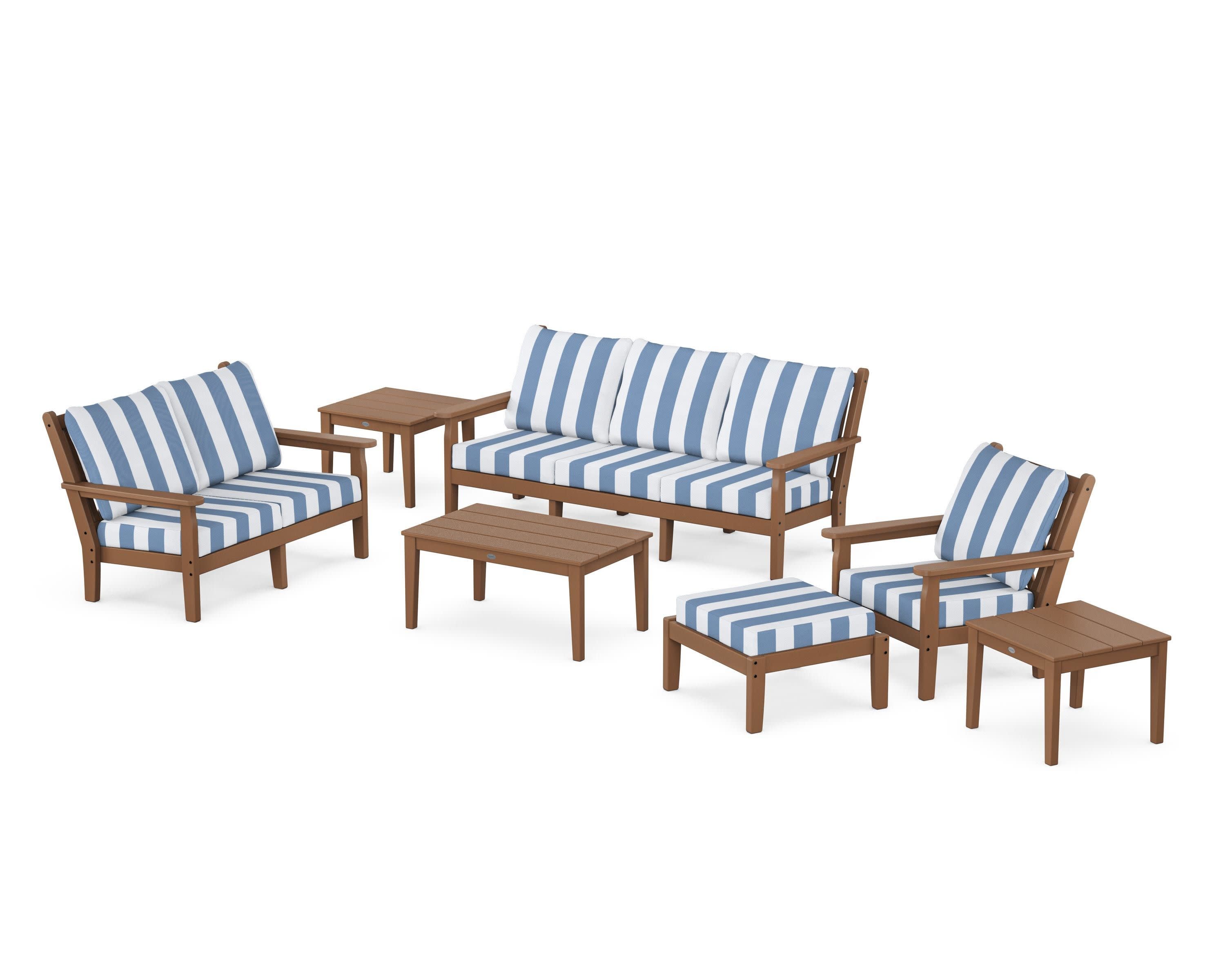 Chippendale 7-Piece Deep Seating Set in Teak / Cabana Stripe Sky Blue