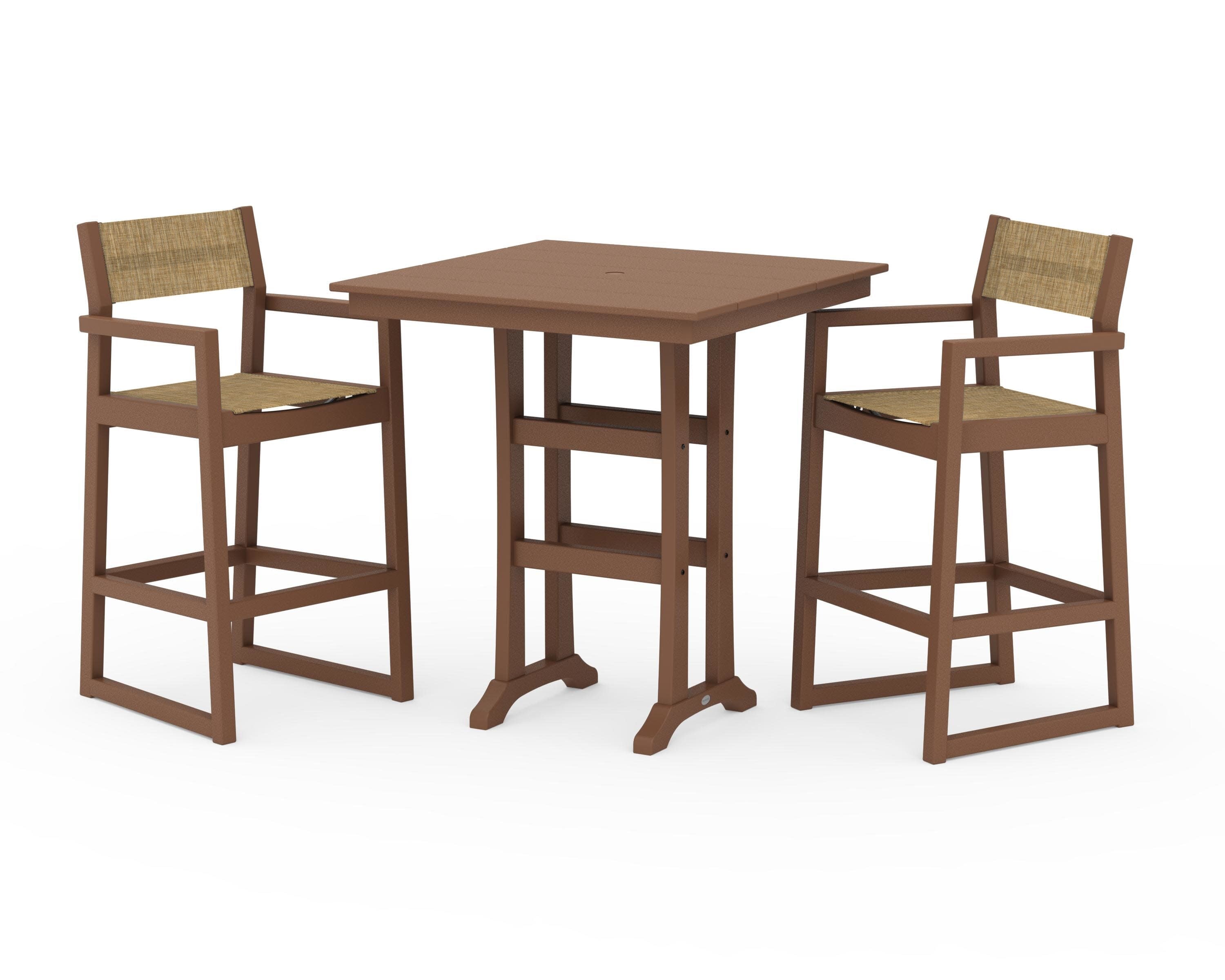 EDGE Sling Arm Chair 3-Piece Farmhouse Bar Set with Trestle Legs in Teak / Burlap Sling