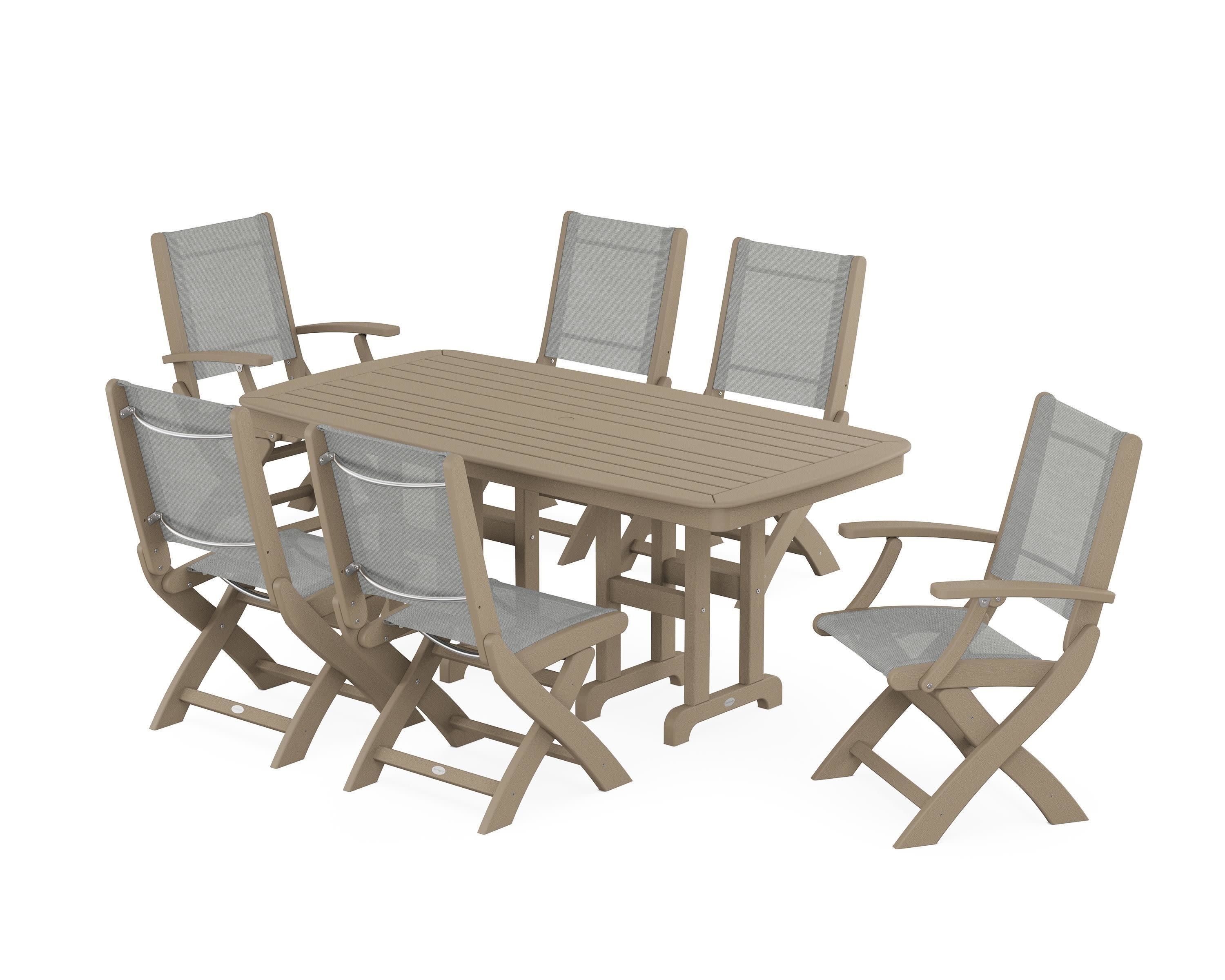 Coastal Folding Chair 7-Piece Dining Set in Vintage Sahara / Metallic Sling