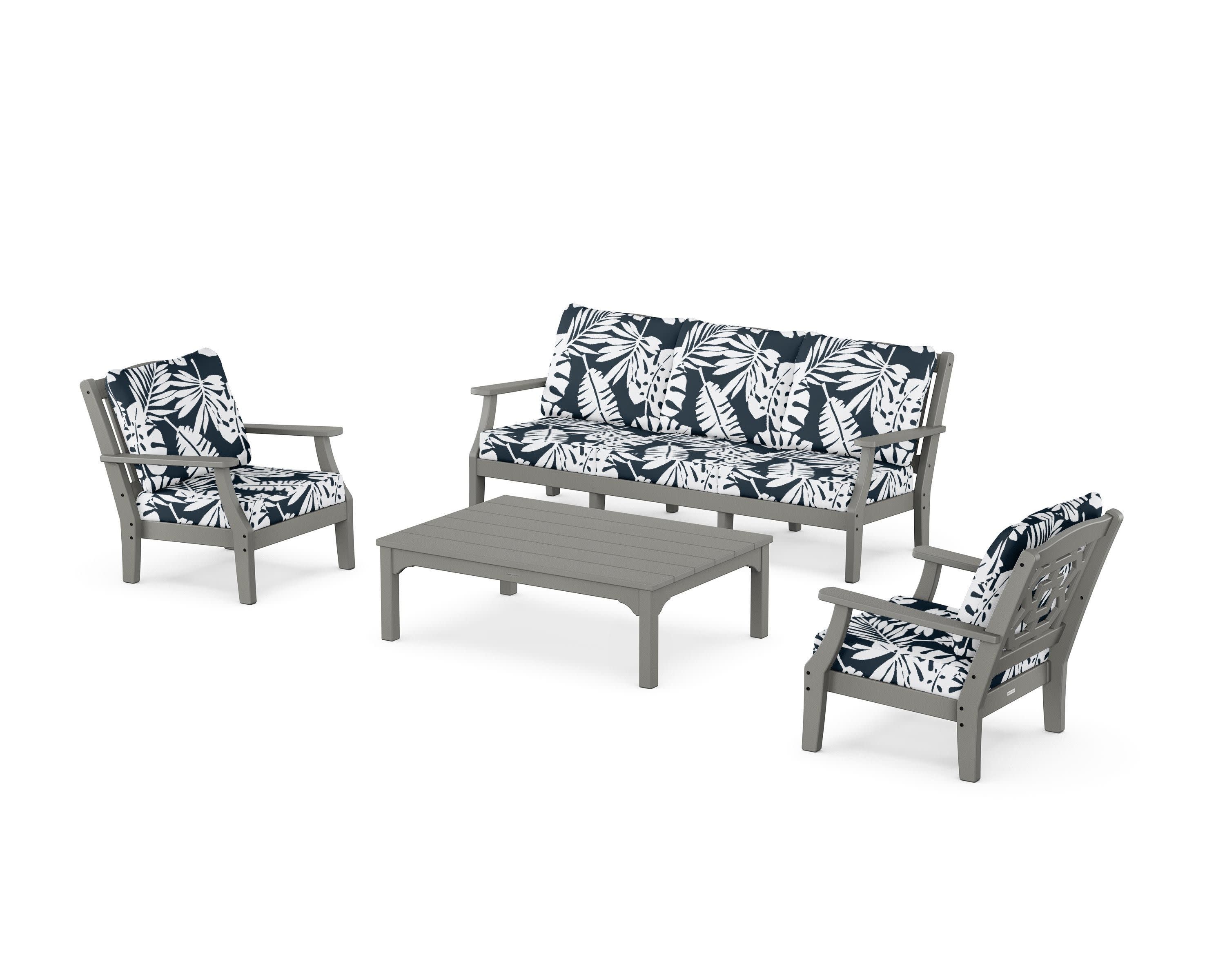 Chinoiserie 4-Piece Deep Seating Set with Sofa in Slate Grey / Leaf Marine Indigo