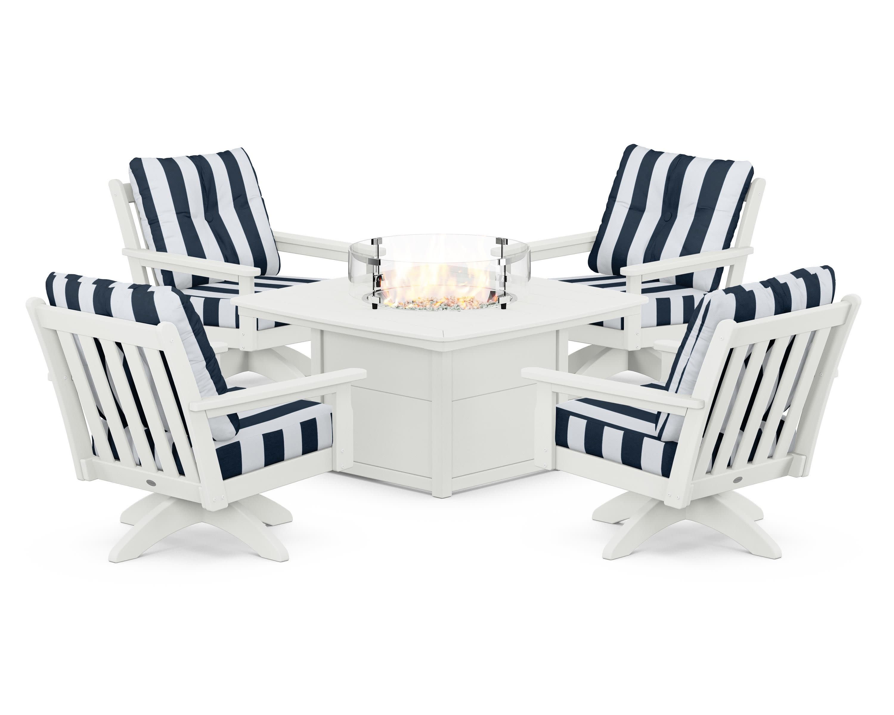Vineyard 5-Piece Deep Seating Swivel Conversation Set with Fire Pit Table in Vintage White / Cabana Stripe Marine Indigo