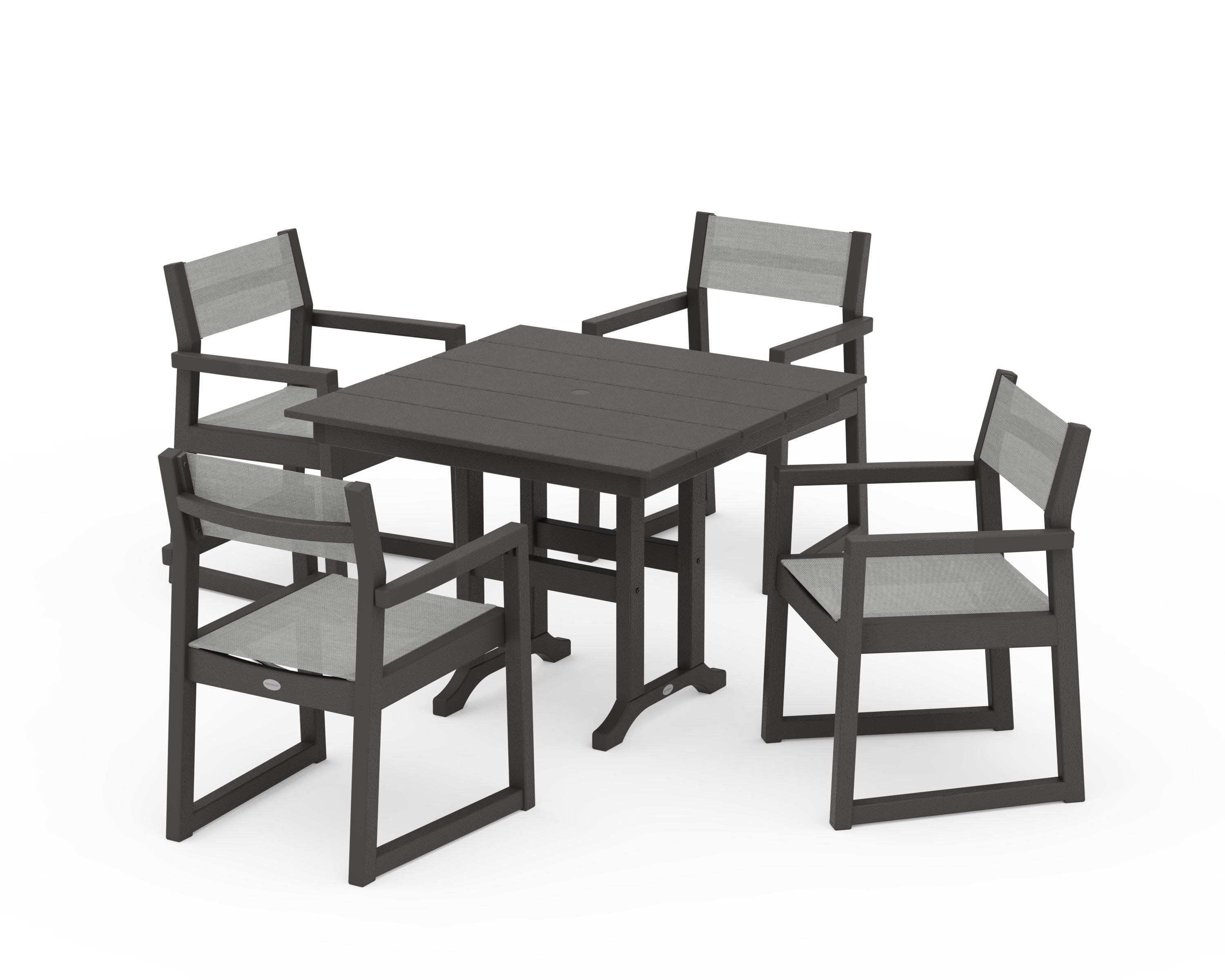 EDGE Sling Arm Chair 5-Piece Farmhouse Dining Set in Vintage Coffee / Metallic Sling