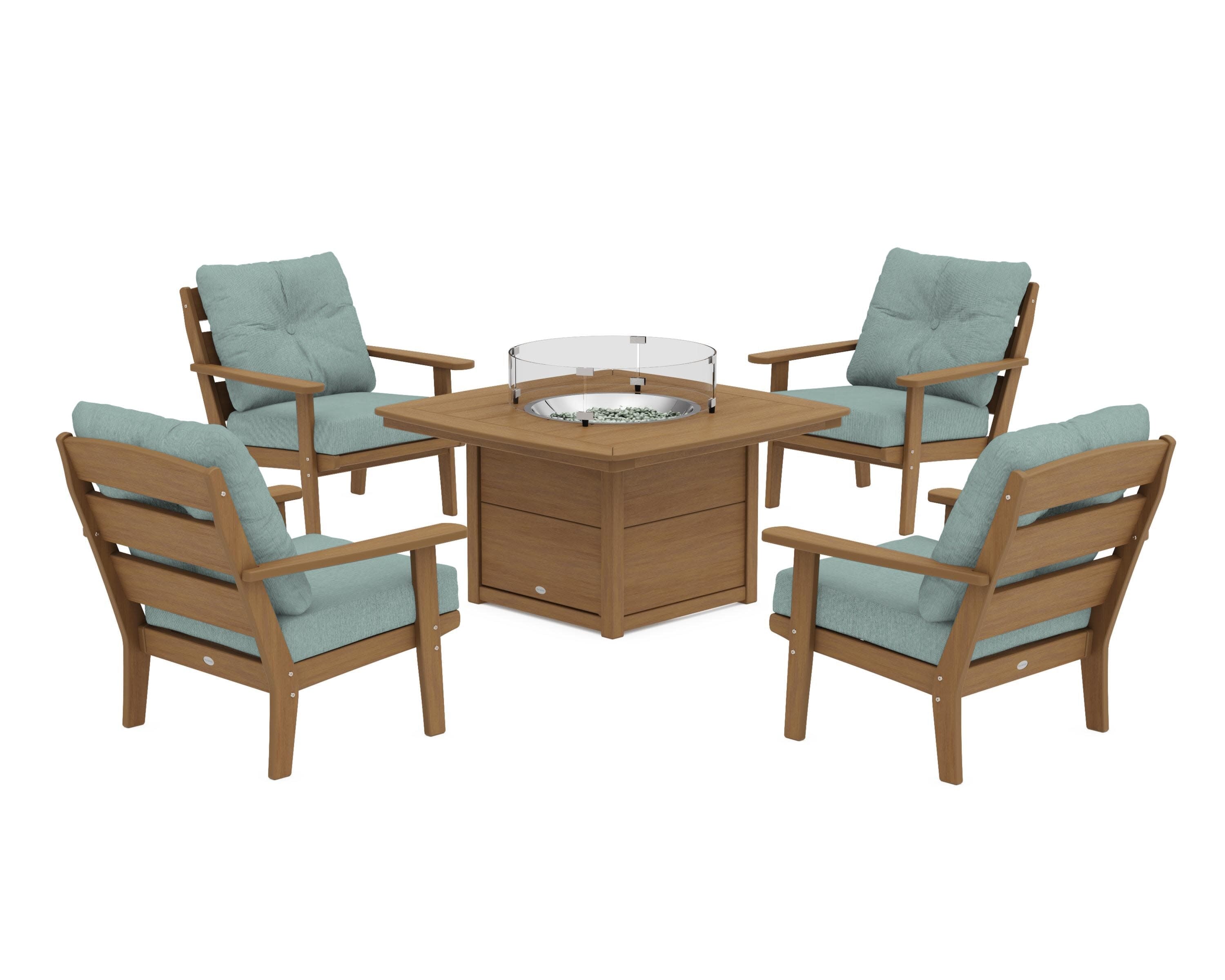 Lakeside 5-Piece Deep Seating Set with Nautical Fire Pit Table in Natural / Glacier Spa