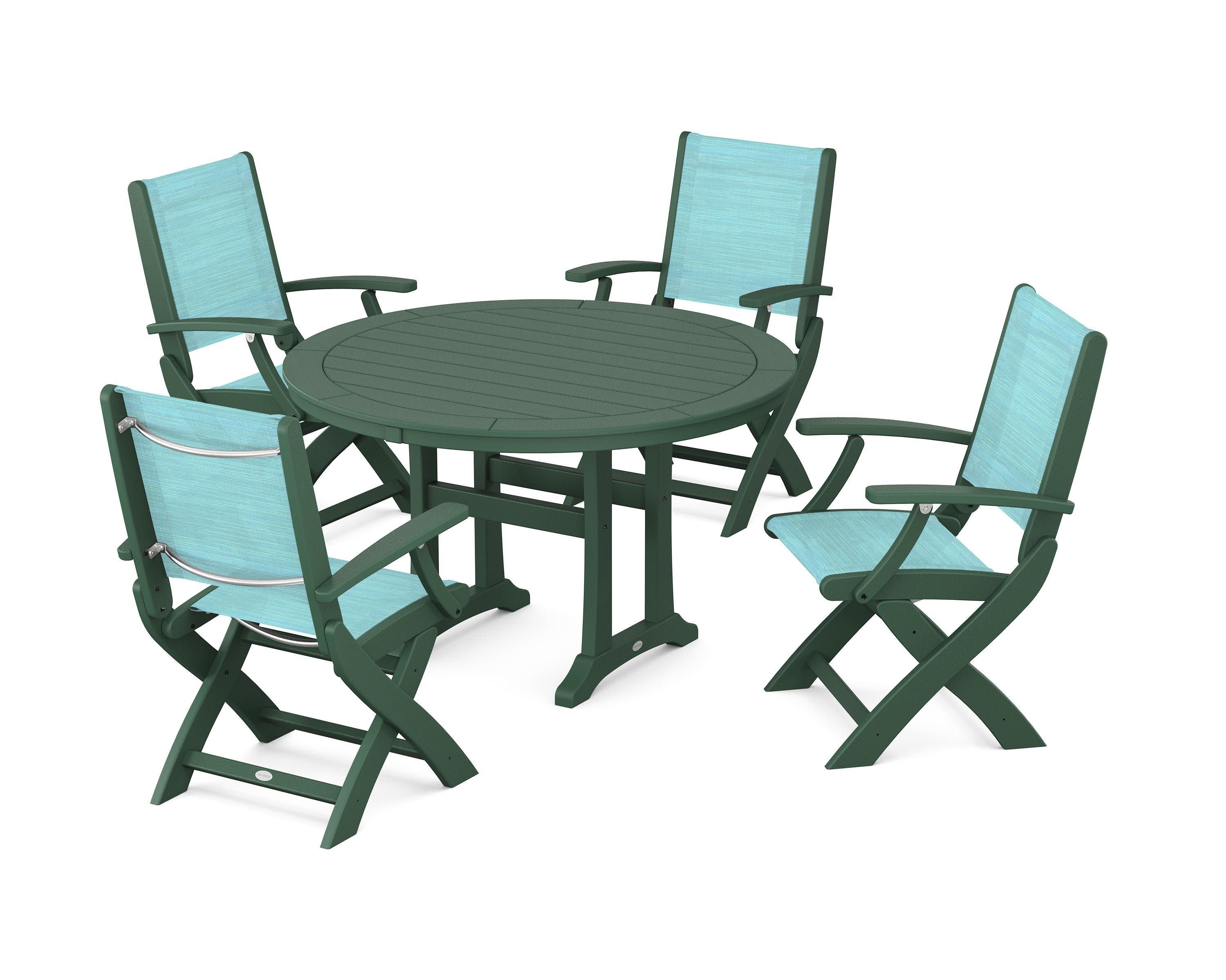 Coastal Folding Chair 5-Piece Round Dining Set with Trestle Legs in Green / Dupioni Aquamarine Sling