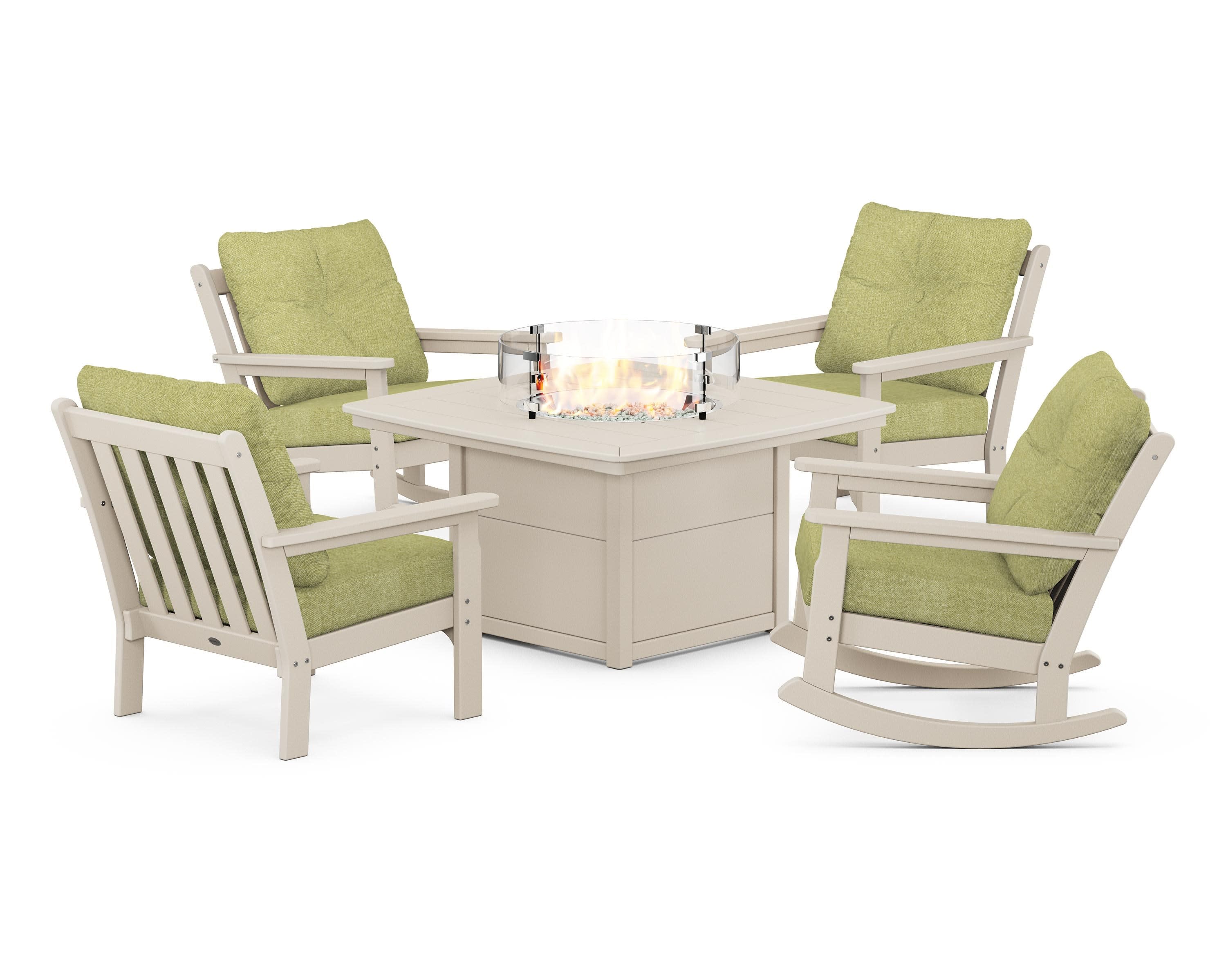 Vineyard 5-Piece Deep Seating Rocking Chair Conversation Set with Fire Pit Table in Sand / Chartreuse Boucle