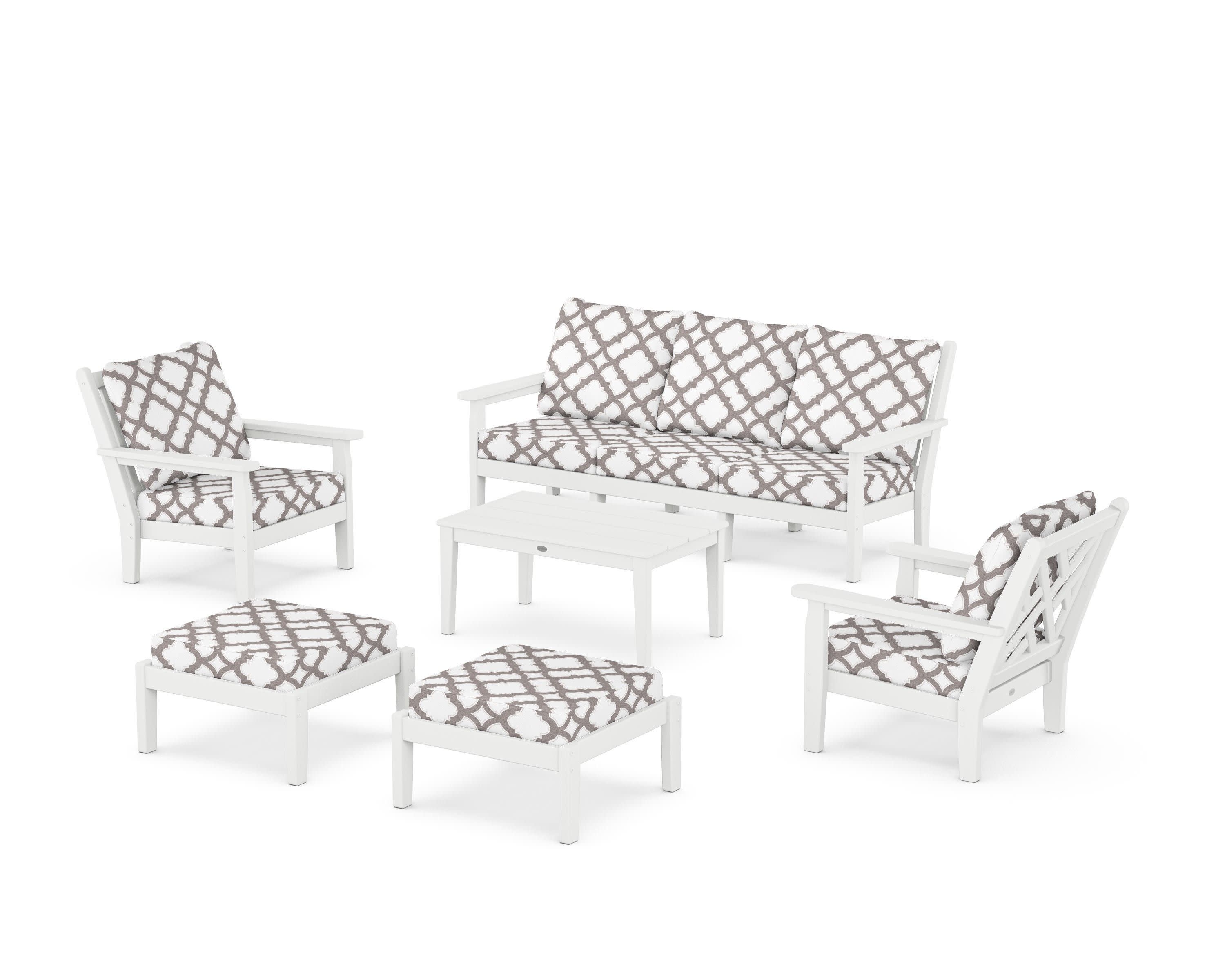 Chippendale 6-Piece Lounge Sofa Set in White / Trellis Grey Mist