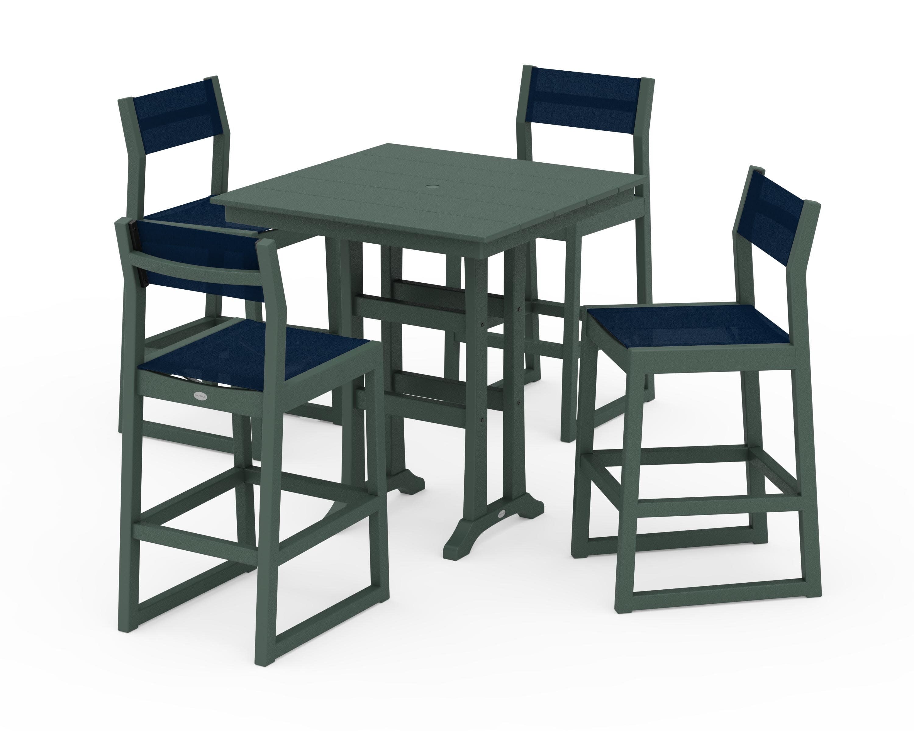 EDGE Sling Arm Chair 5-Piece Farmhouse Bar Set with Trestle Legs in Green / Navy Blue Sling