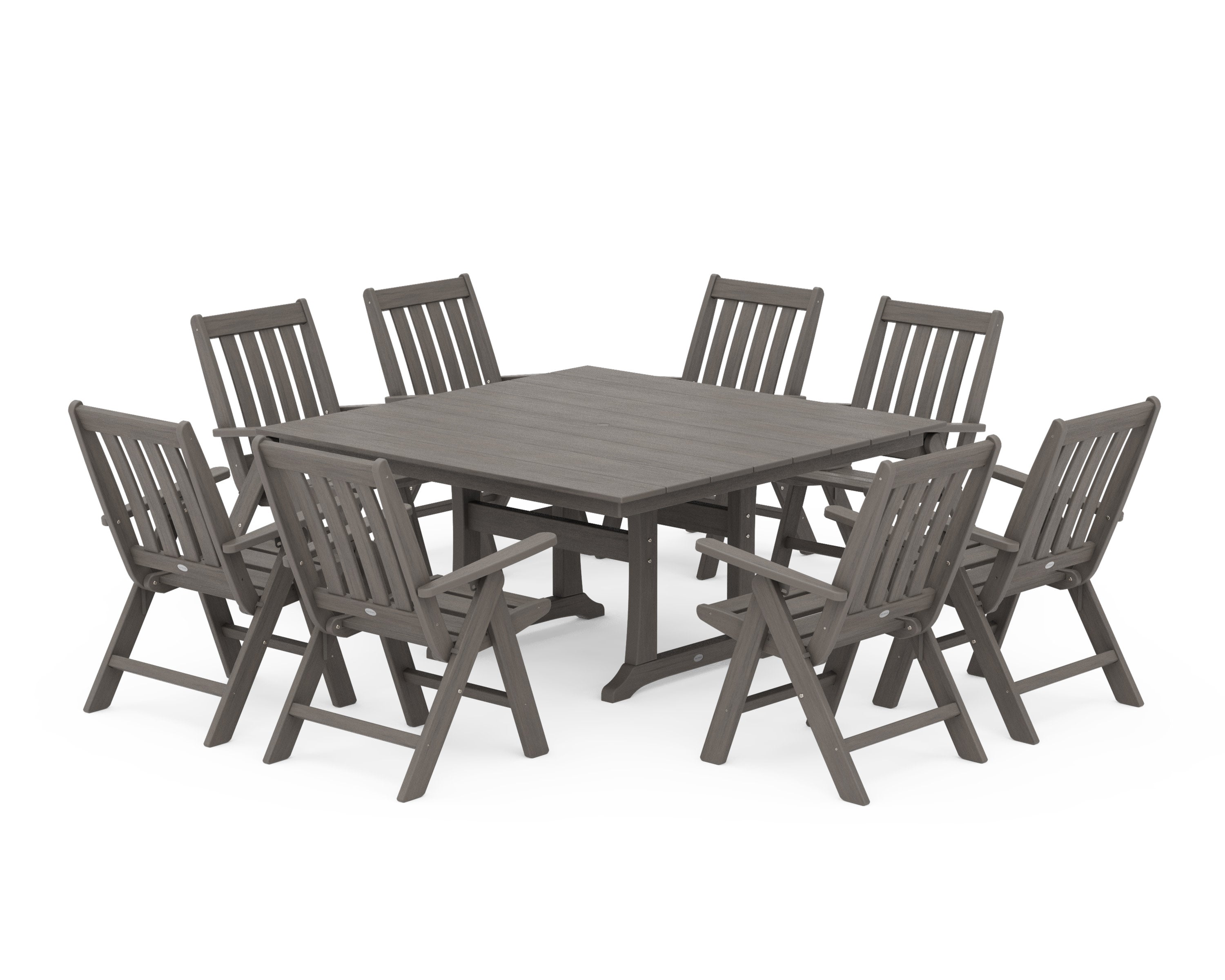 Vineyard Folding Chair 9-Piece Square Farmhouse Dining Set with Trestle Legs in Driftwood