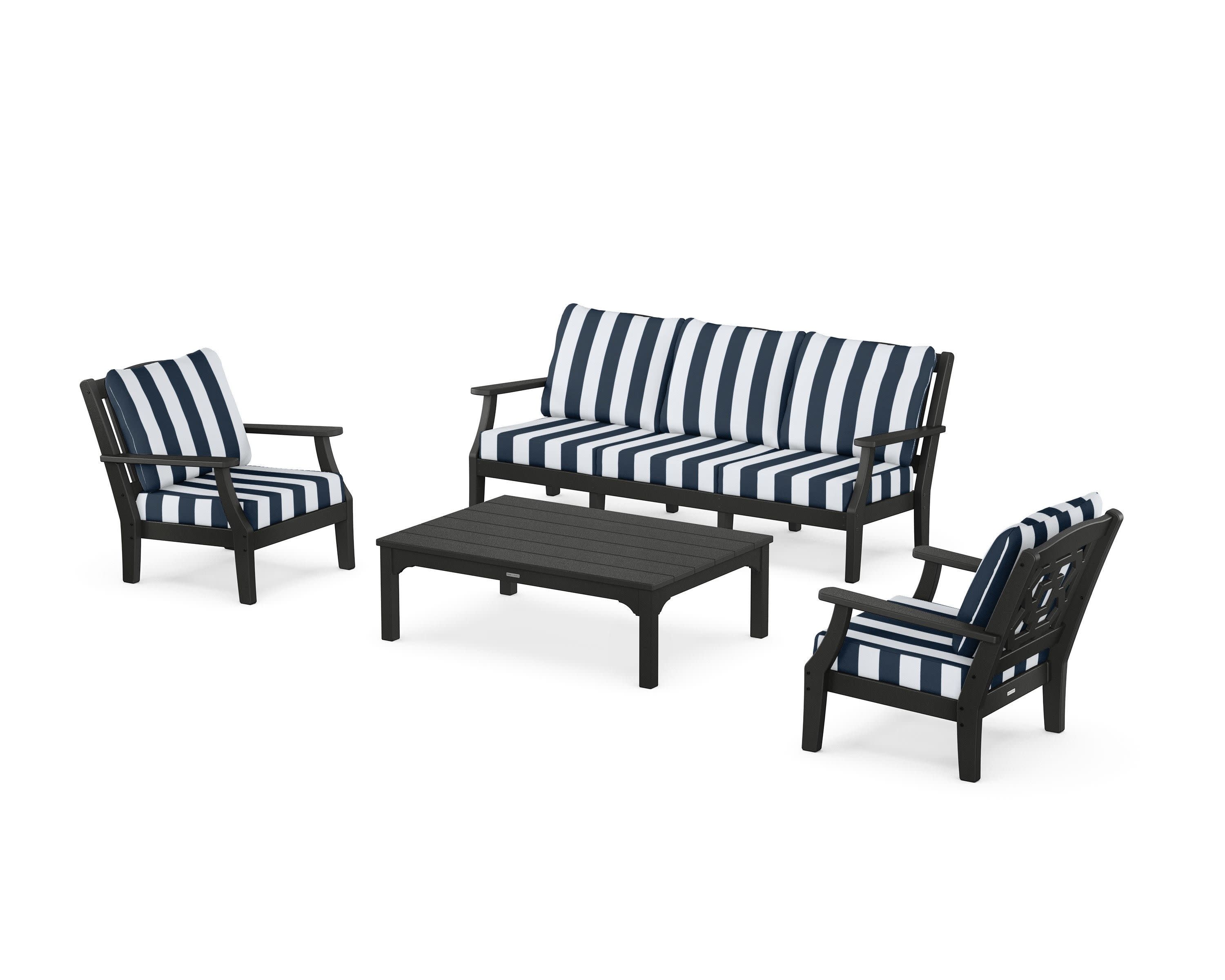 Chinoiserie 4-Piece Deep Seating Set with Sofa in Black / Cabana Stripe Marine Indigo