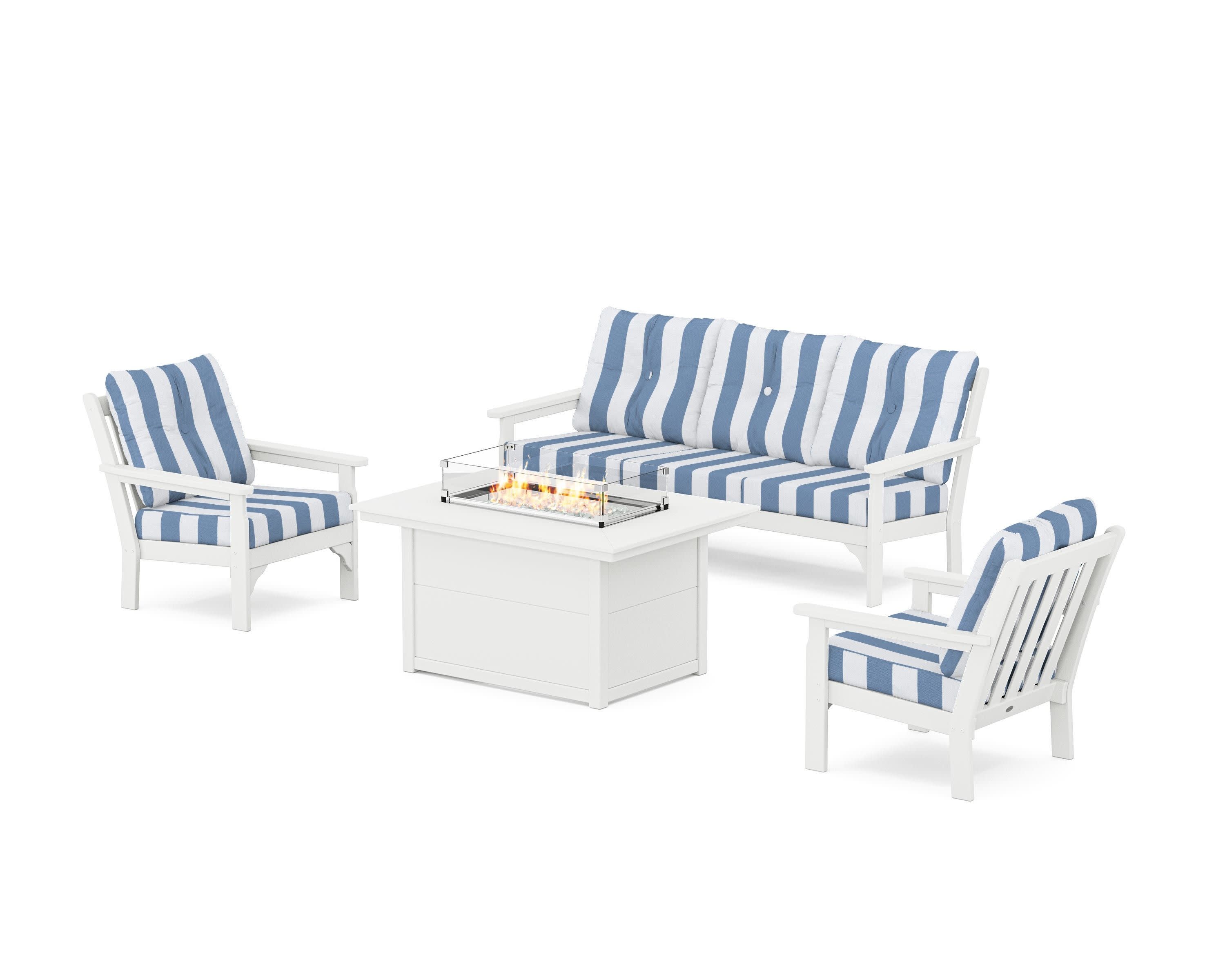 Vineyard Deep Seating Fire Pit Table Set in White / Cabana Stripe Sky Blue