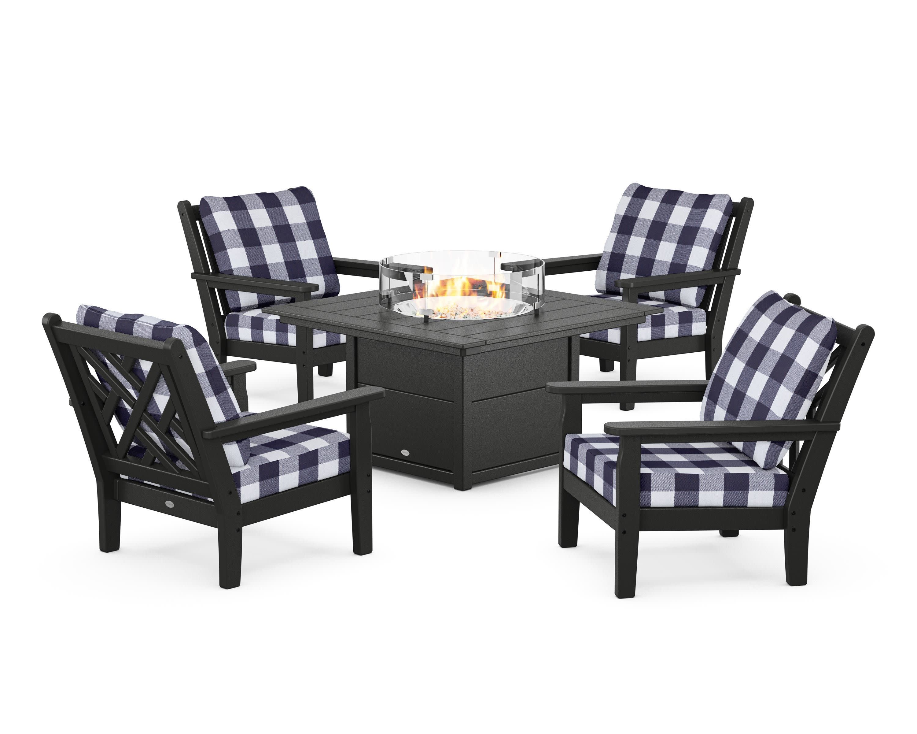Chippendale 5-Piece Deep Seating Set with Fire Pit Table in Black / Buffalo Plaid Navy