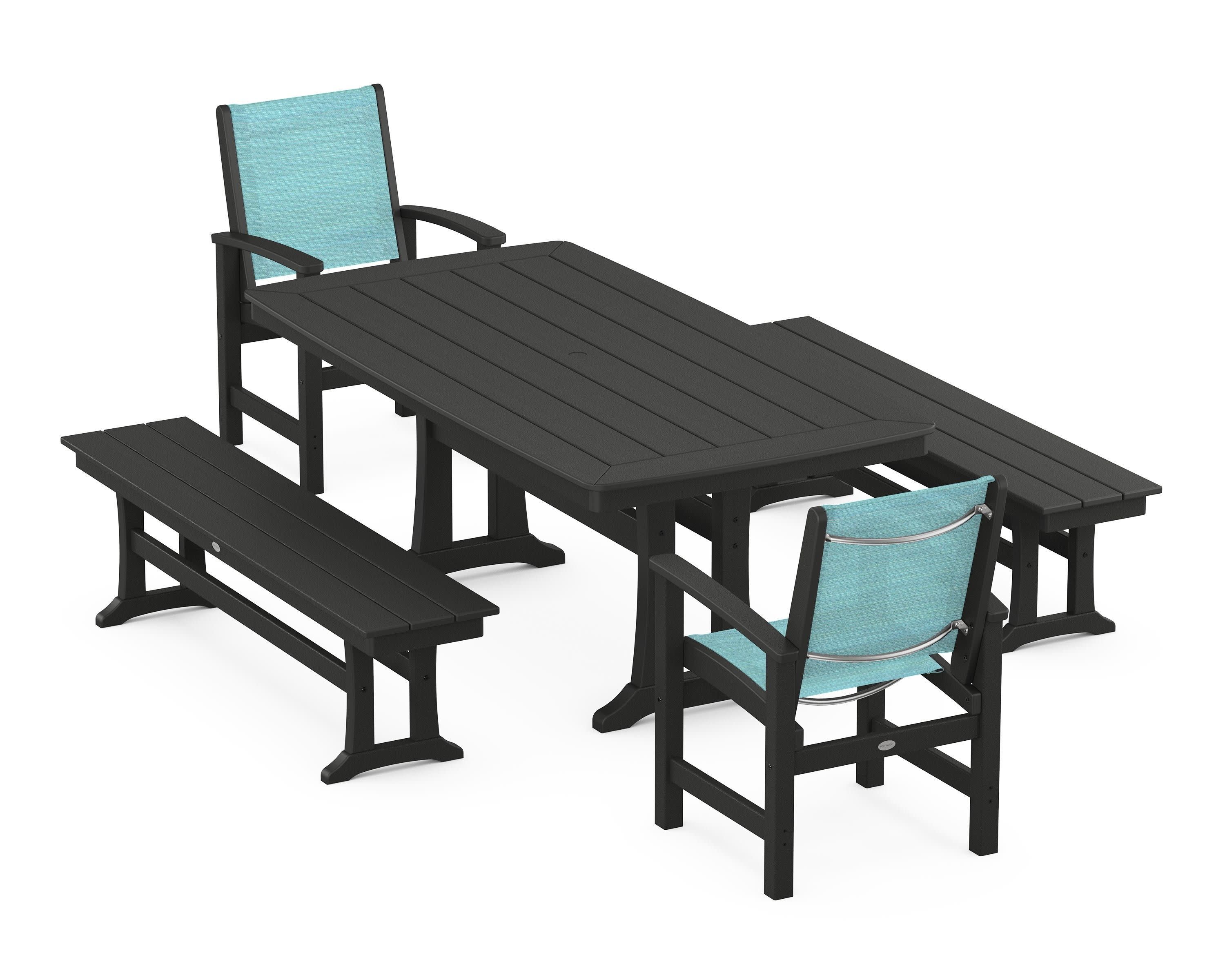 Coastal 5-Piece Dining Set with Trestle Legs and Benches in Black / Dupioni Aquamarine Sling