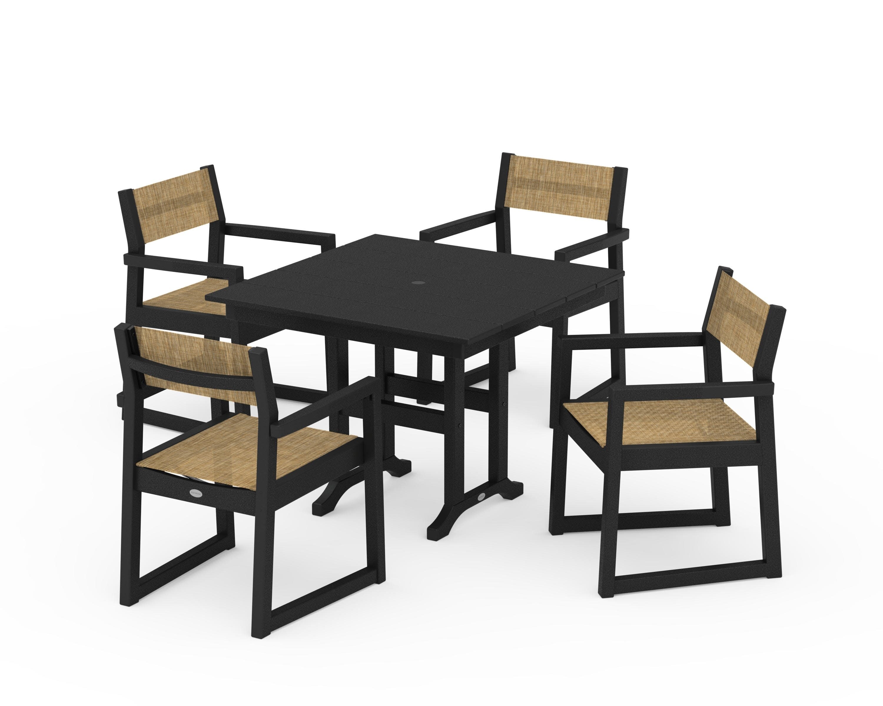 EDGE Sling Arm Chair 5-Piece Farmhouse Dining Set in Black / Burlap Sling