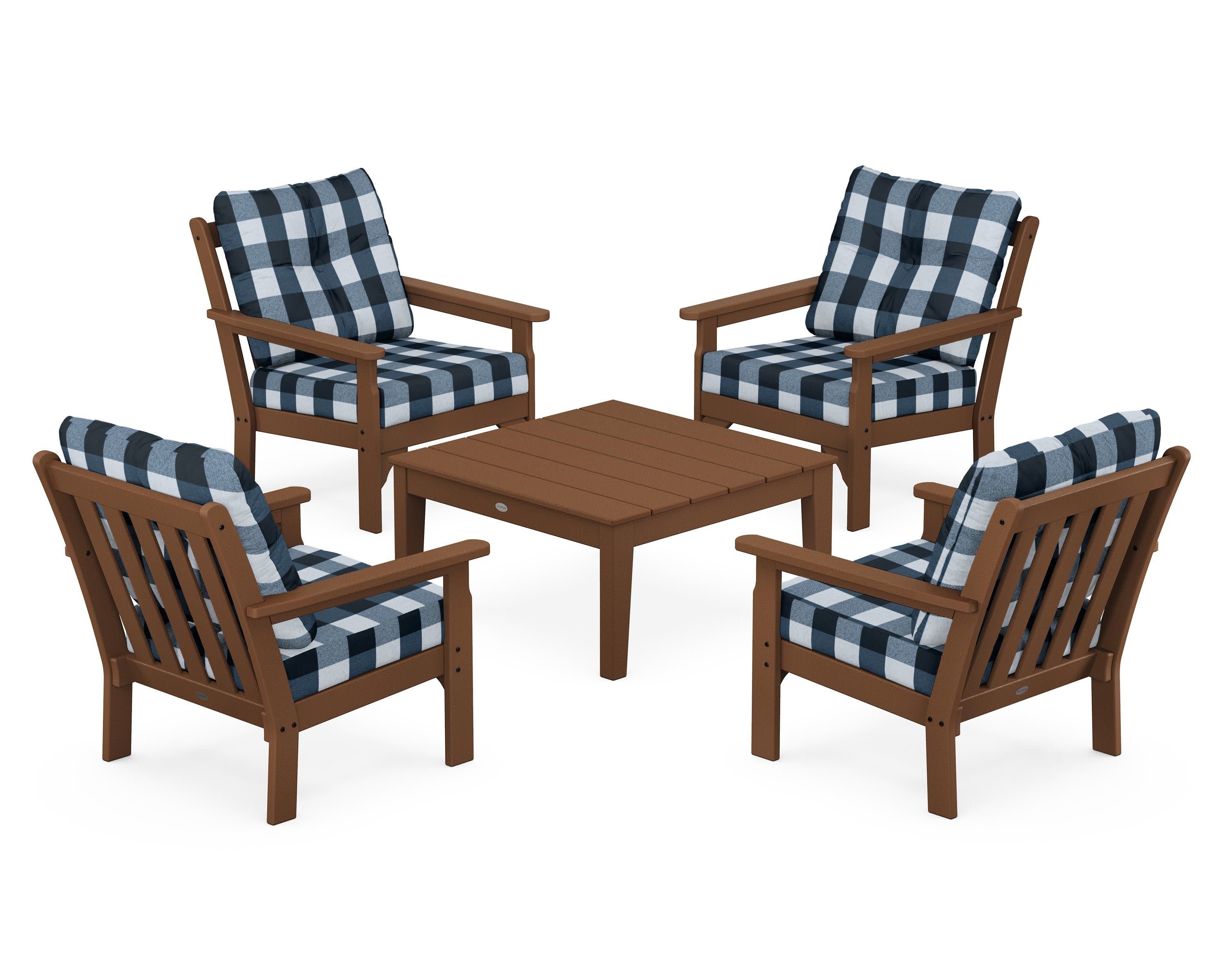 Vineyard 5-Piece Deep Seating Conversation Set in Teak / Buffalo Plaid Marine Indigo