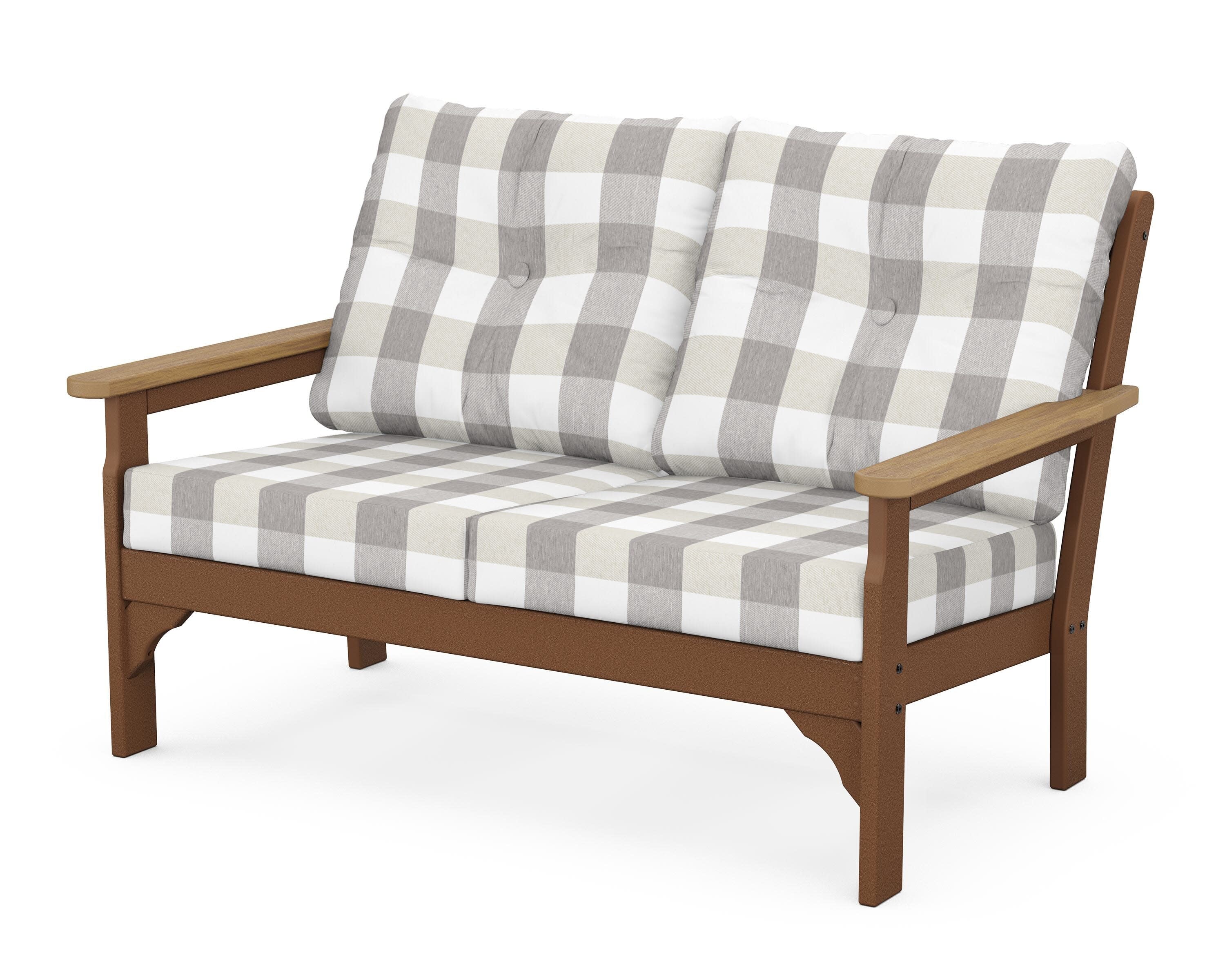 Vineyard Deep Seating Loveseat in Teak / Natural / Buffalo Plaid Grey Mist