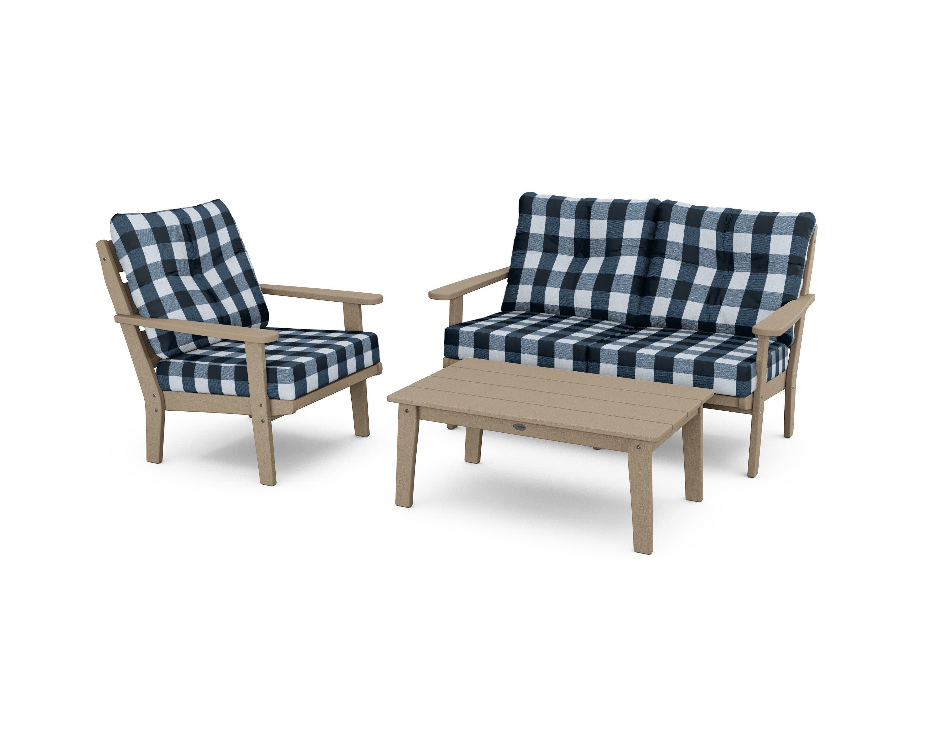 Lakeside 3-Piece Deep Seating Set in Vintage Sahara / Buffalo Plaid Marine Indigo