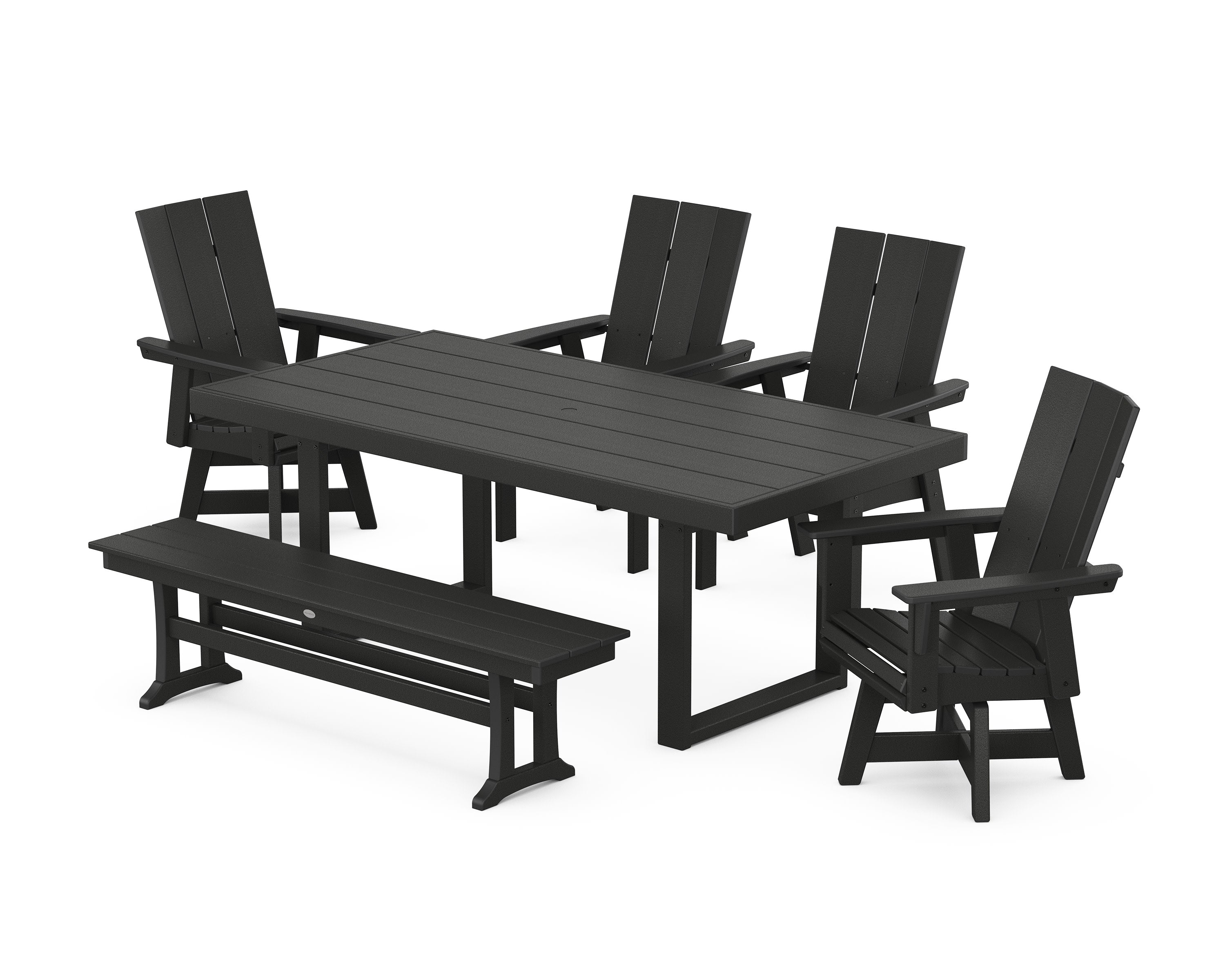 Modern Curveback Adirondack Swivel Chair 6-Piece Dining Set with Bench in Black