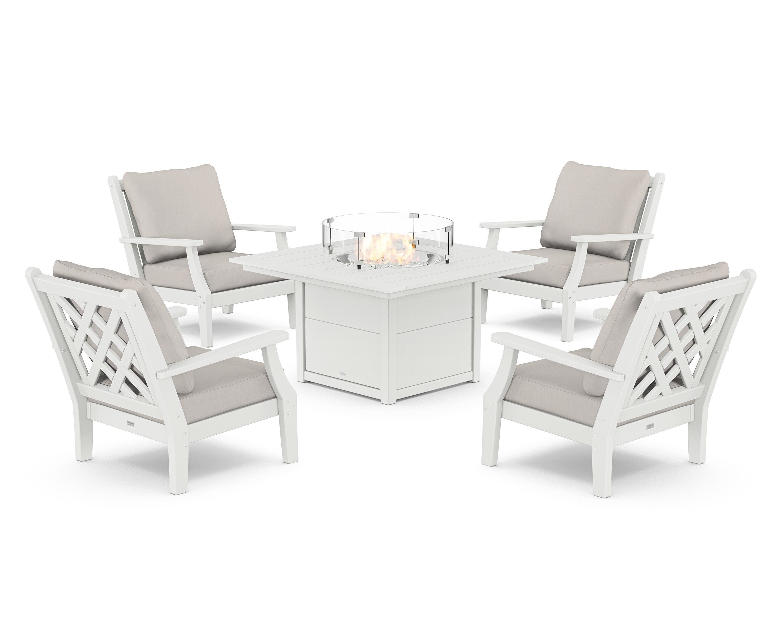Wovendale 5-Piece Deep Seating Set with Fire Pit Table in White / Cast Ash