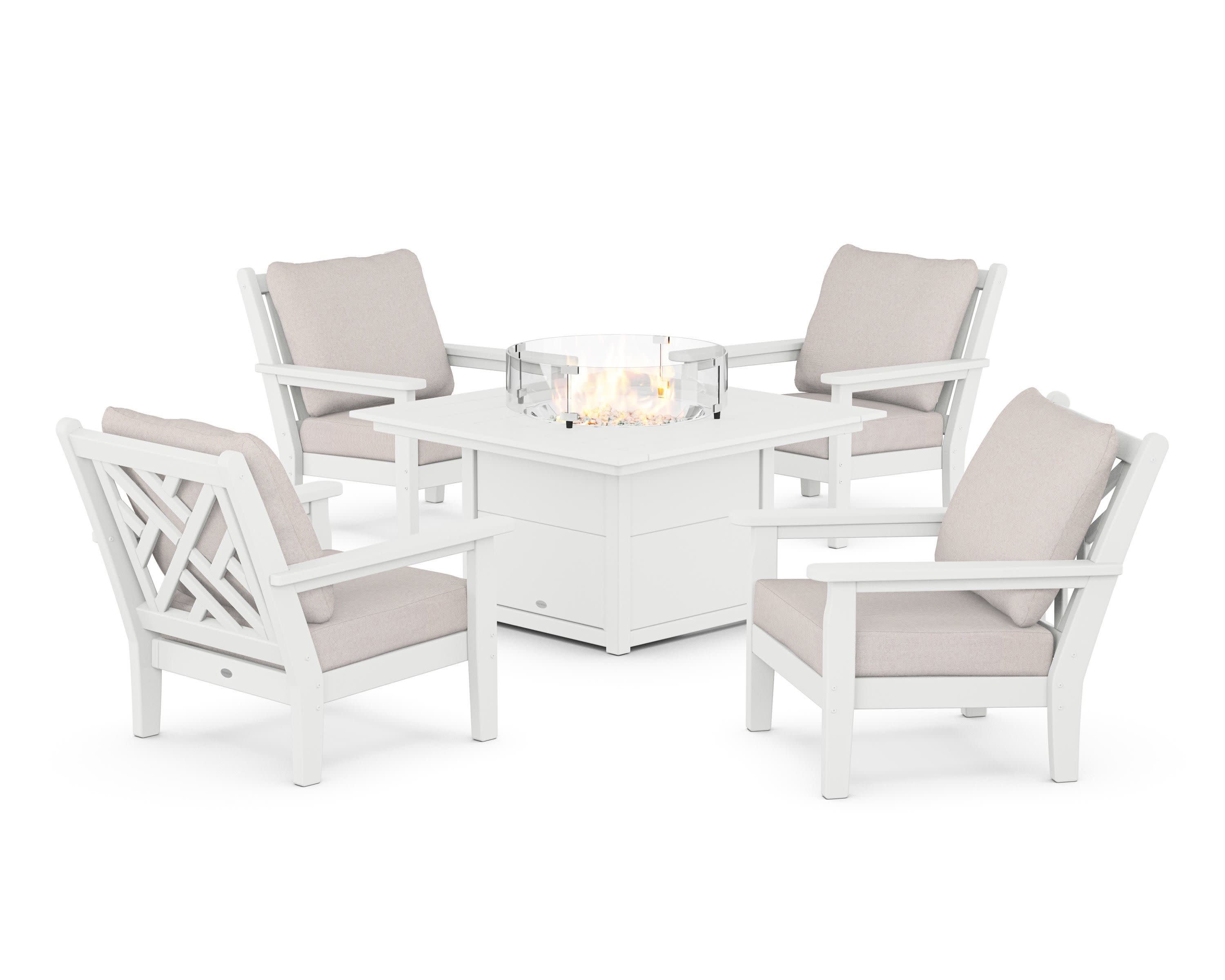 Chippendale 5-Piece Deep Seating Set with Fire Pit Table in White / Dune Burlap