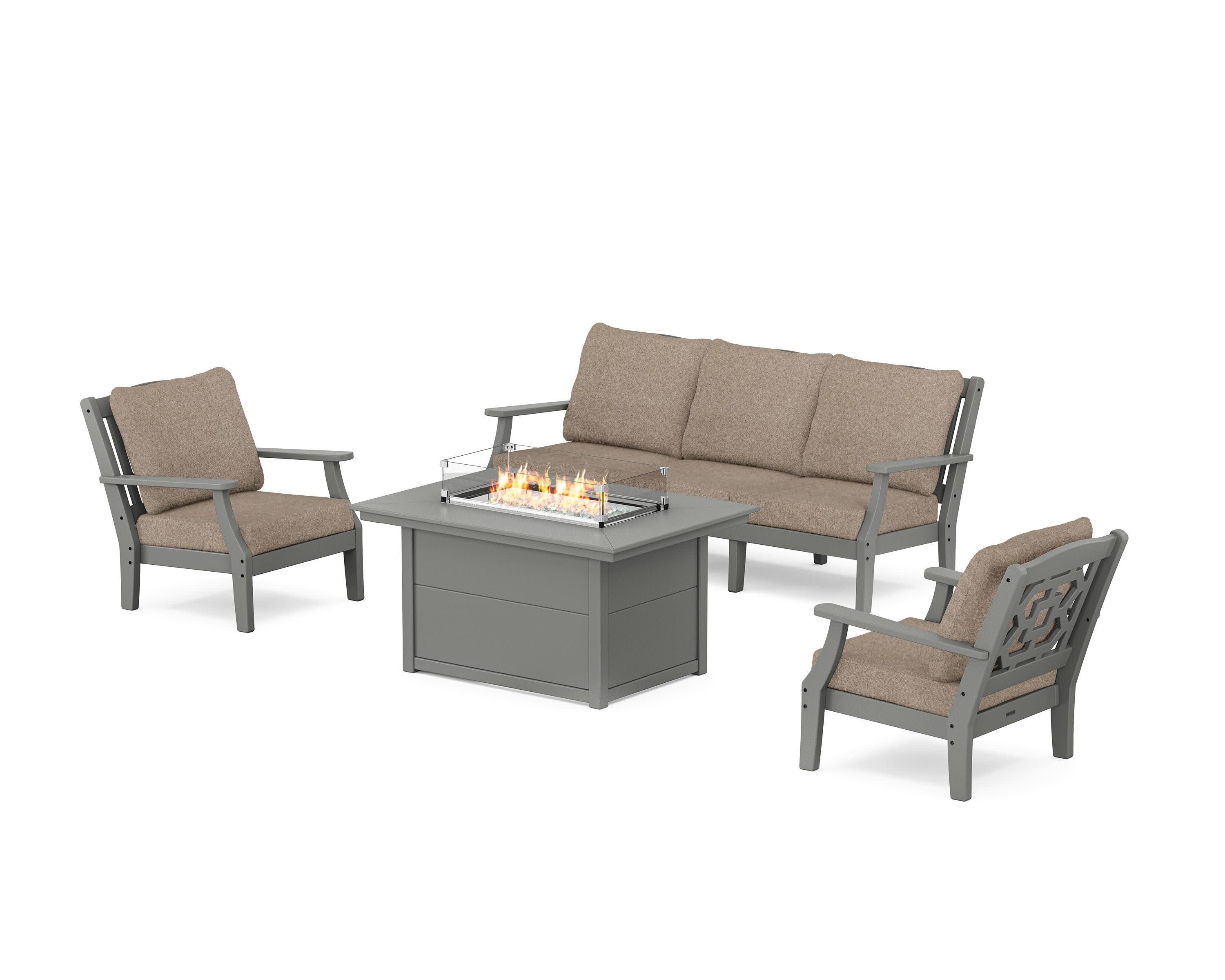 Chinoiserie Deep Seating Fire Pit Table Set in Slate Grey / Spiced Burlap