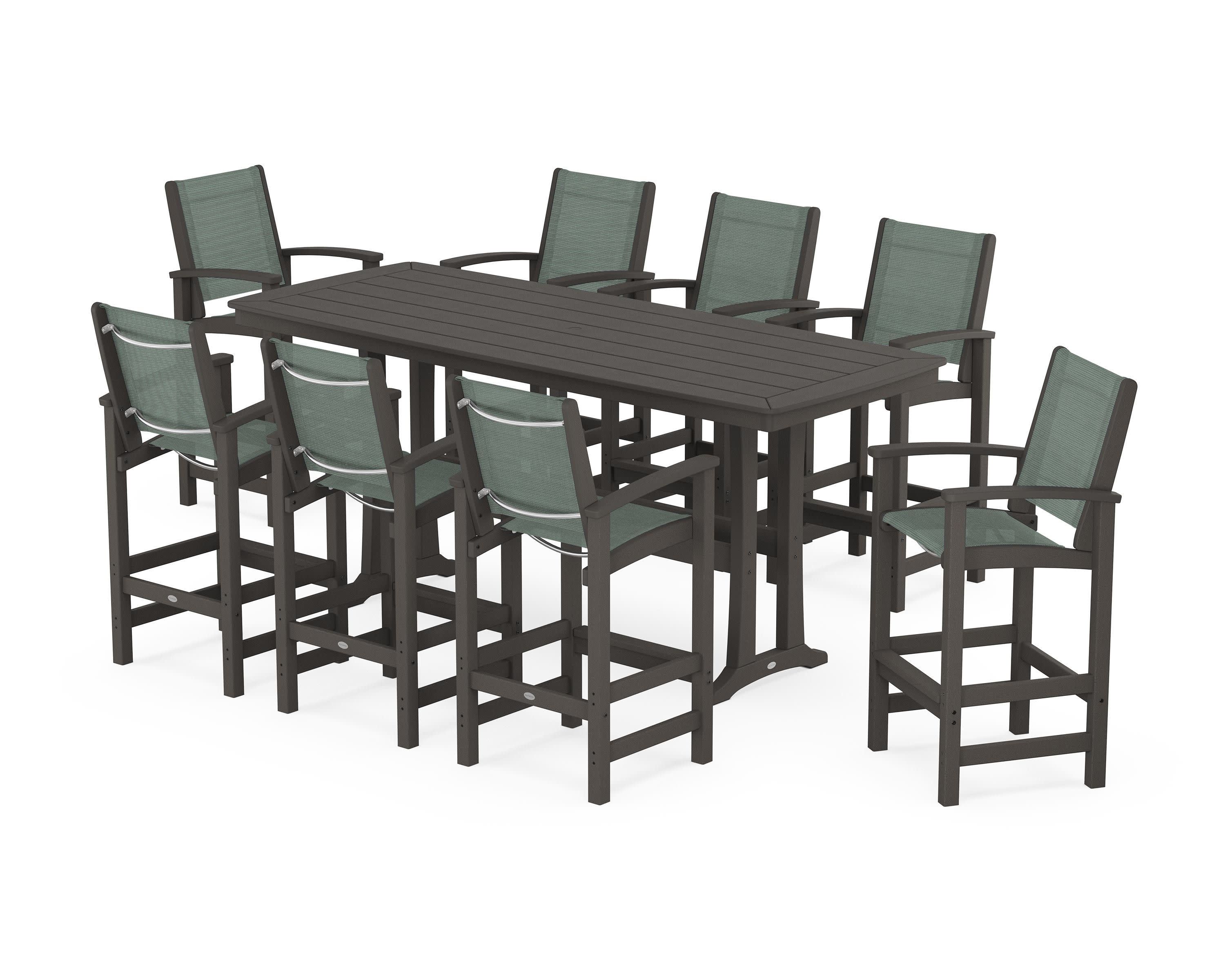 Coastal 9-Piece Bar Set with Trestle Legs in Vintage Coffee / Dupioni Sea Mist Sling