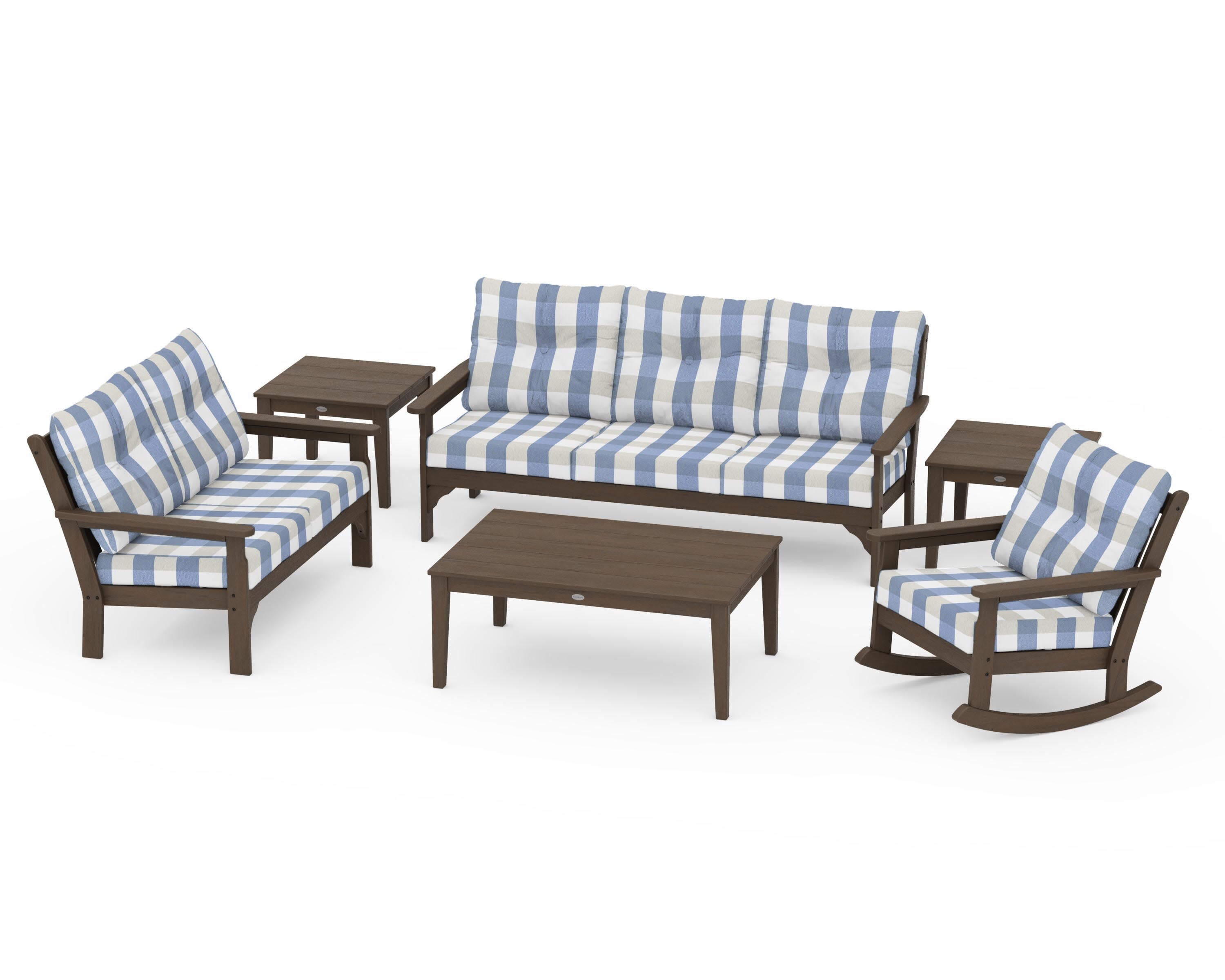 Vineyard 6-Piece Deep Seating Set in Kona / Buffalo Plaid Sky Blue