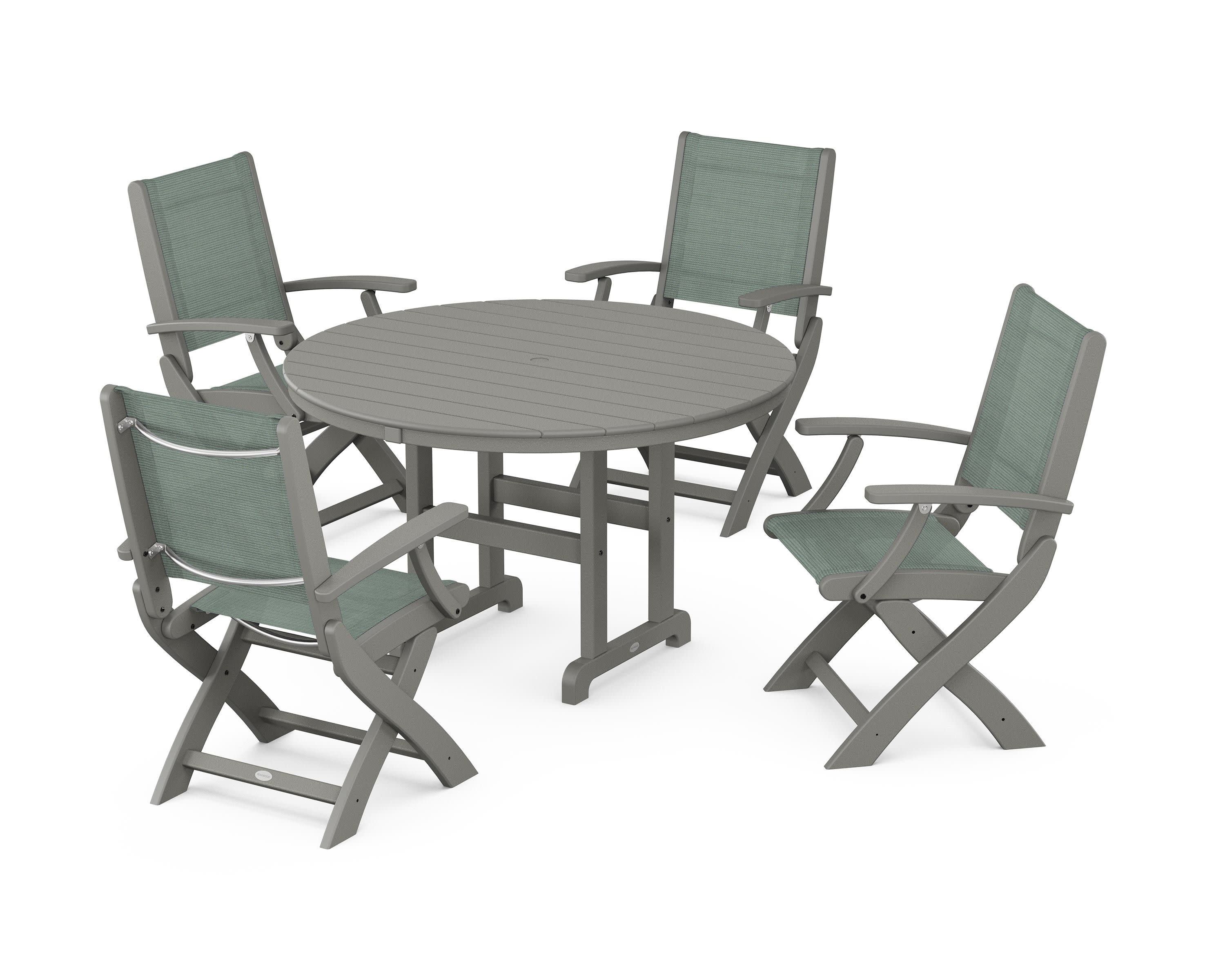 Coastal Folding Chair 5-Piece Round Dining Set in Slate Grey / Dupioni Sea Mist Sling