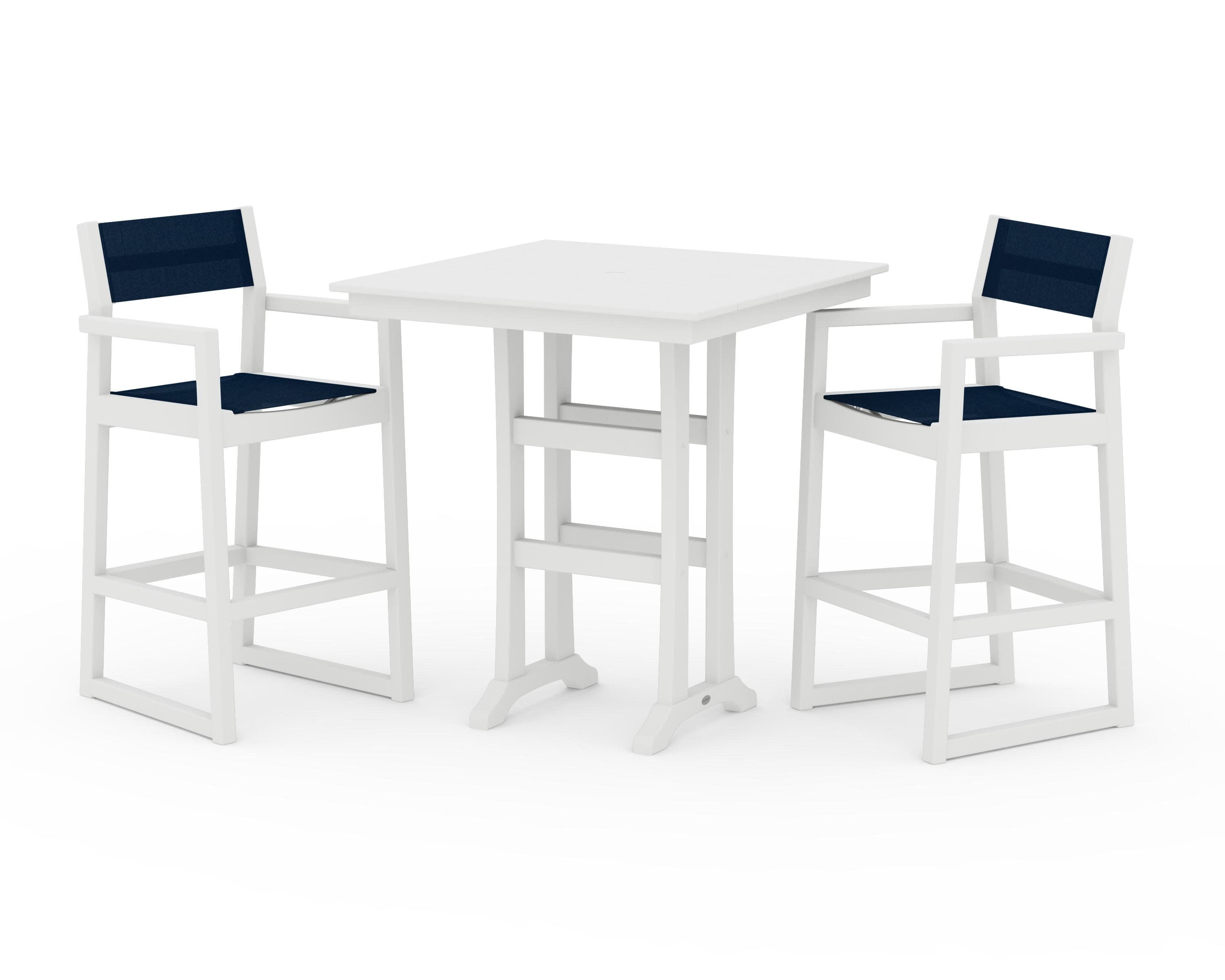 EDGE Sling Arm Chair 3-Piece Farmhouse Bar Set with Trestle Legs in White / Navy Blue Sling