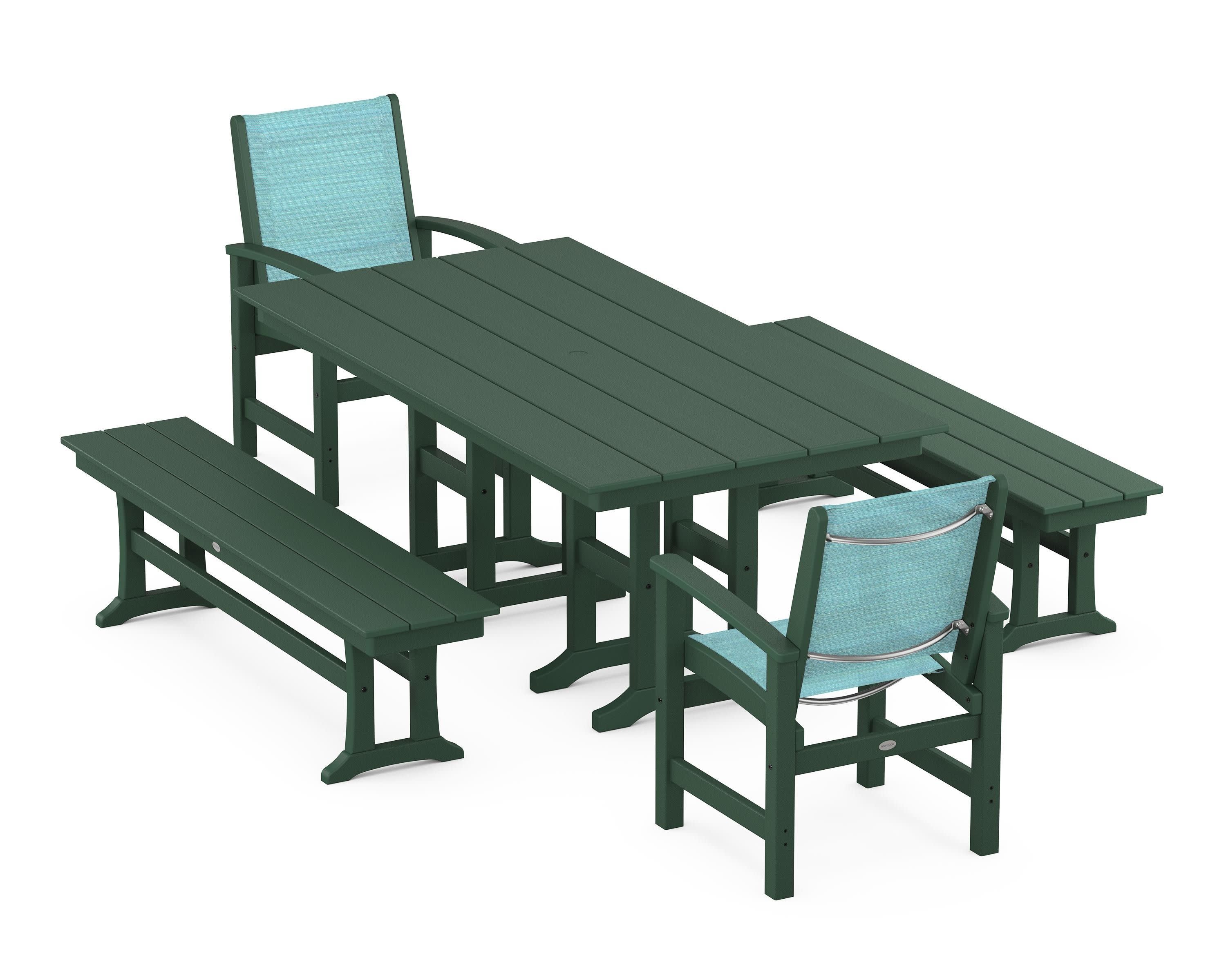 Coastal 5-Piece Farmhouse Dining Set in Green / Dupioni Aquamarine Sling