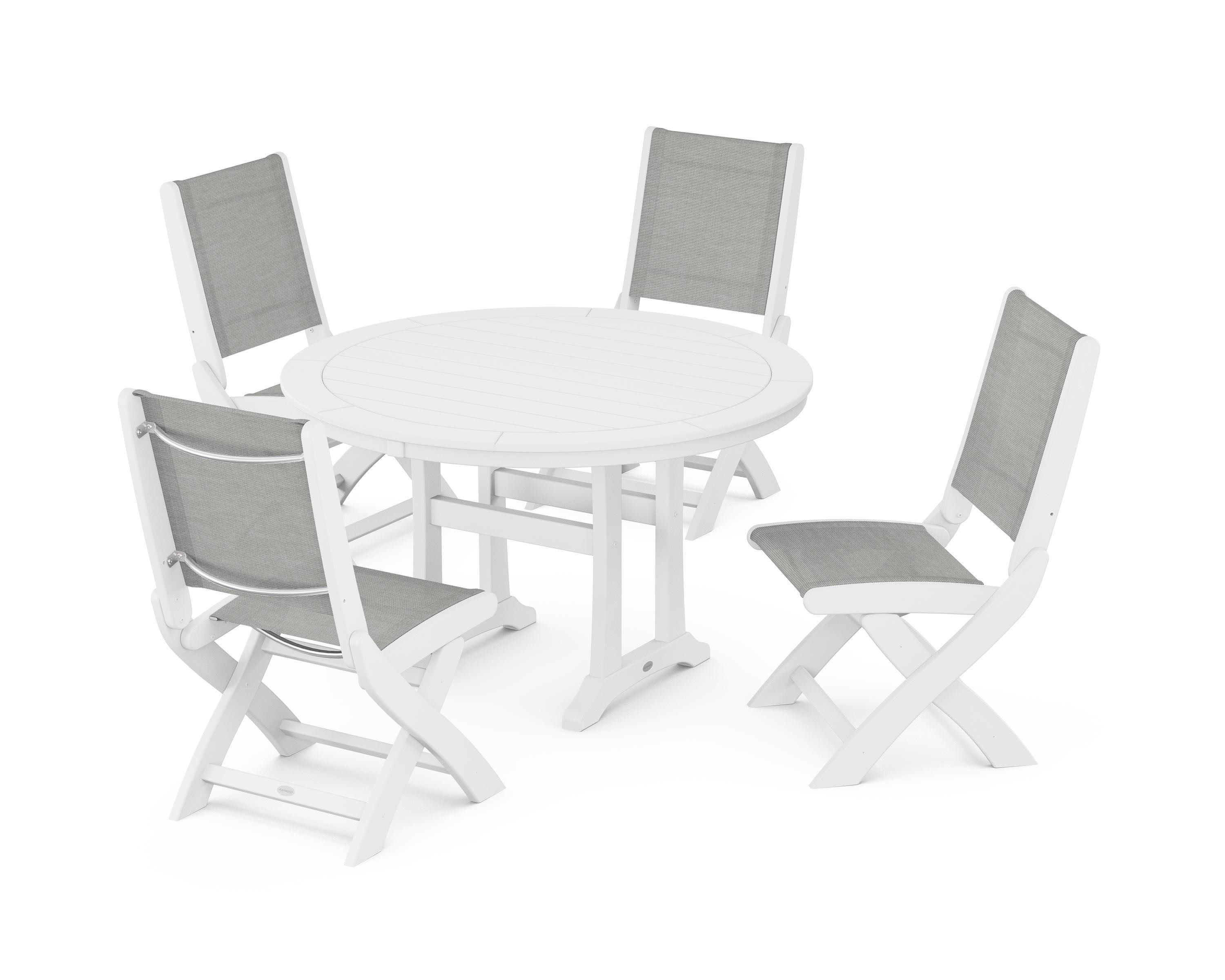 Coastal Folding Side Chair 5-Piece Round Dining Set With Trestle Legs in White / Metallic Sling