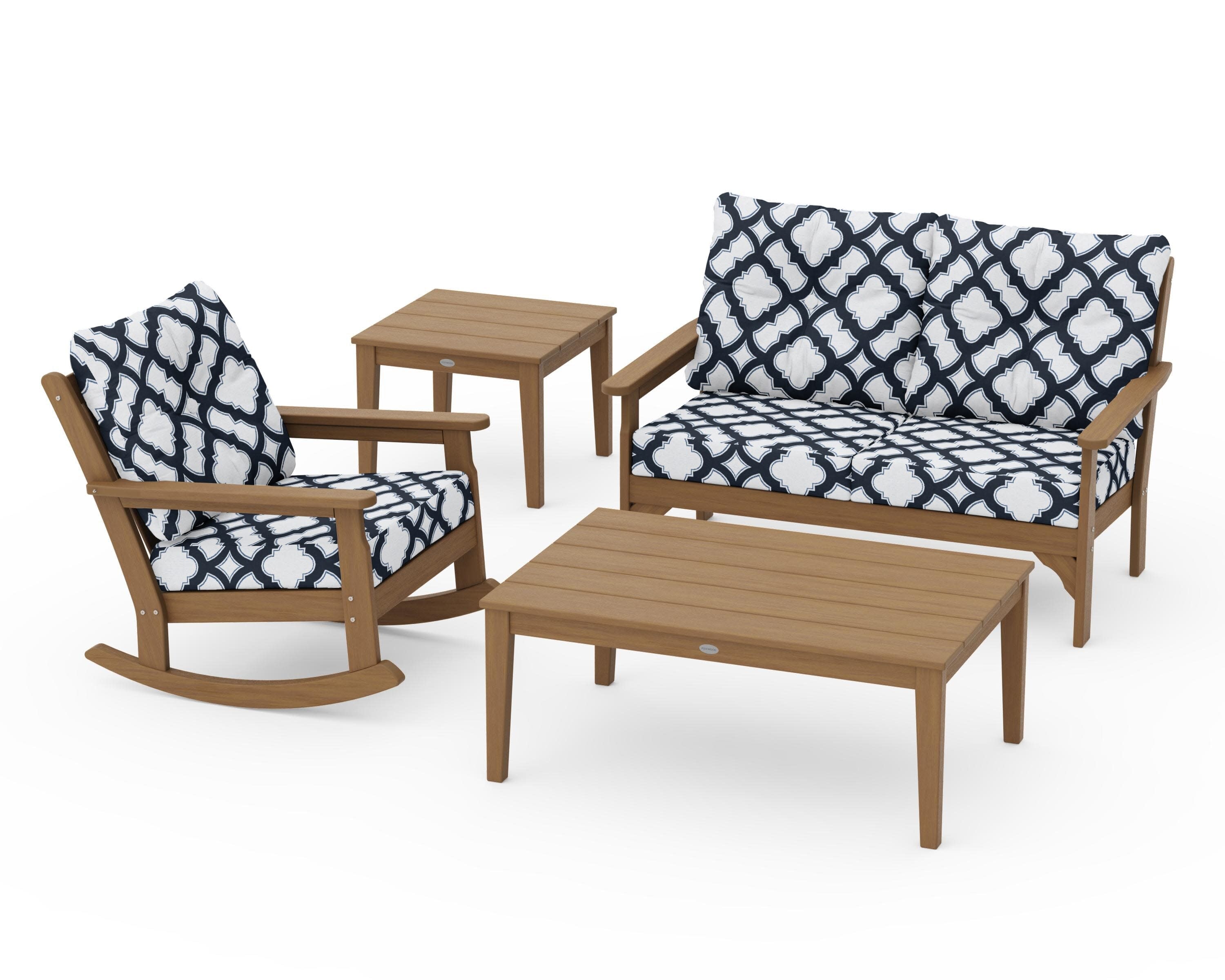 Vineyard 4-Piece Deep Seating Rocker Set in Natural / Trellis Marine Indigo