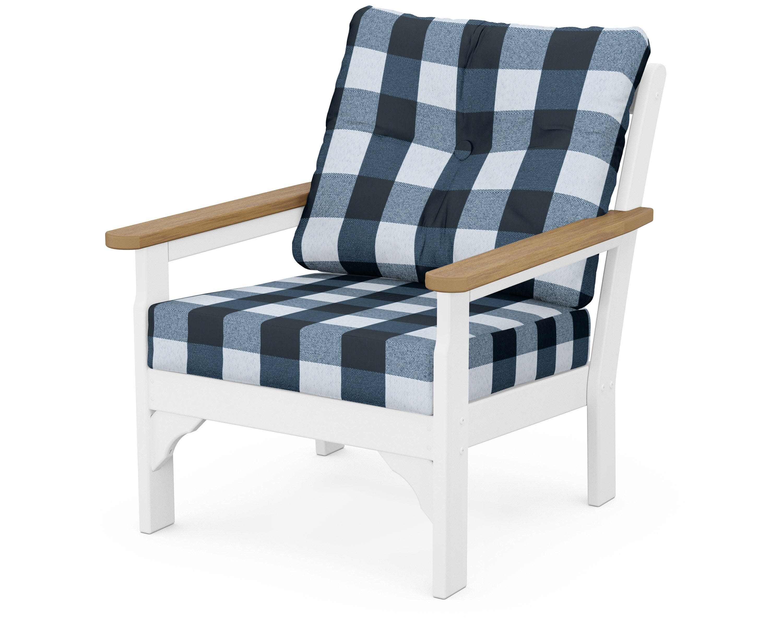 Vineyard Deep Seating Chair in White / Natural / Buffalo Plaid Marine Indigo