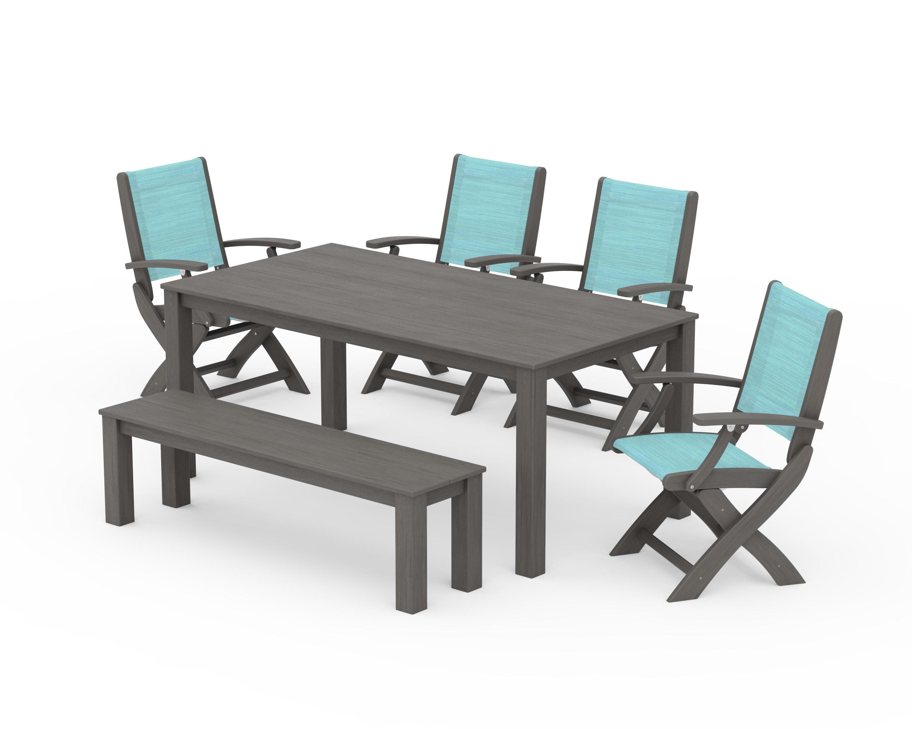Coastal Folding Chair 6-Piece Parsons Dining Set with Bench in Driftwood / Dupioni Aquamarine Sling