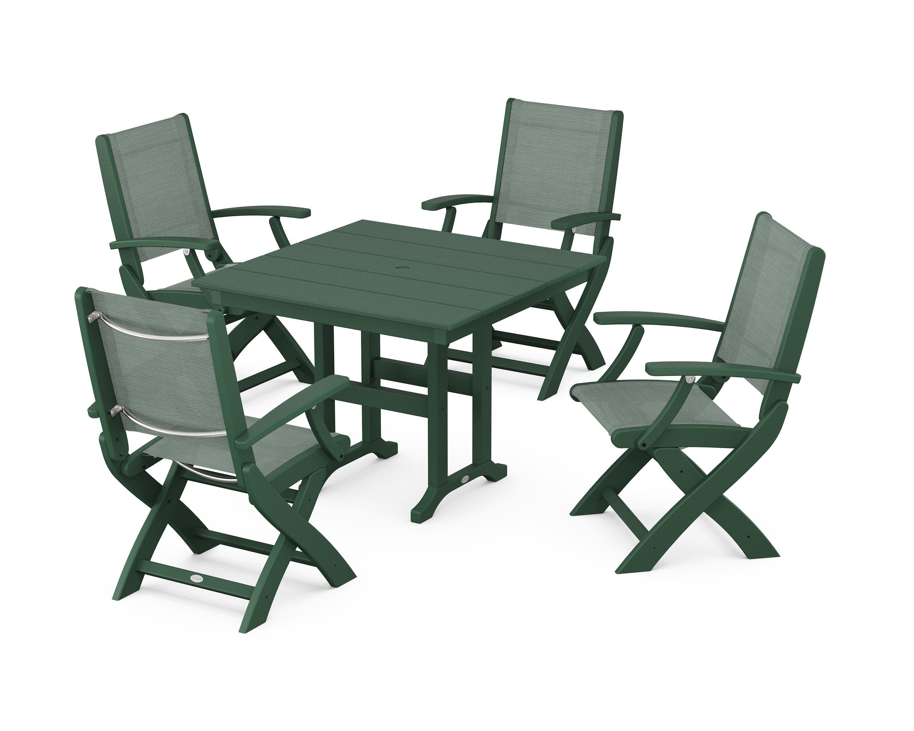 Coastal Folding Chair 5-Piece Farmhouse Dining Set in Green / Dupioni Sea Mist Sling