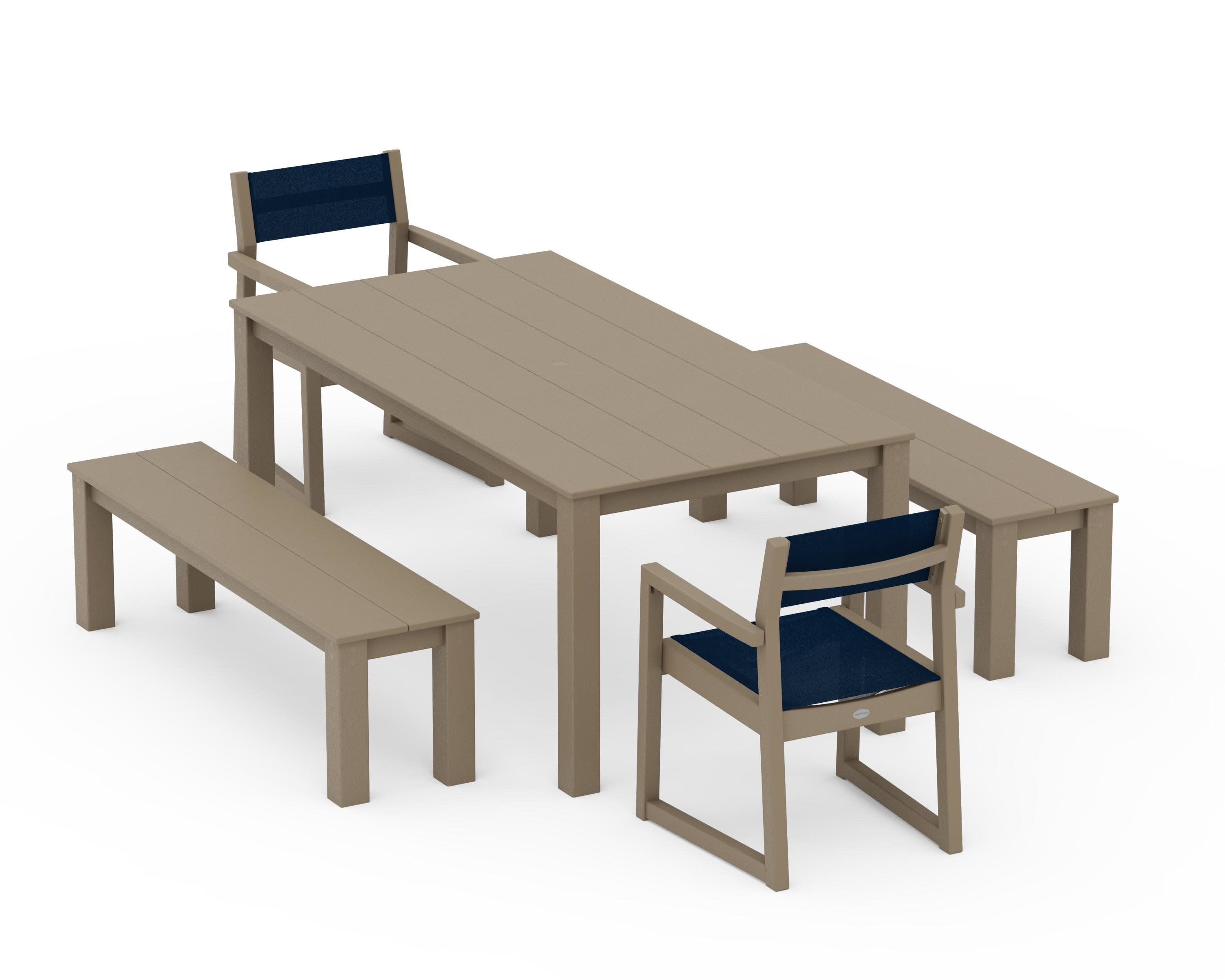 EDGE Sling Arm Chair 5-Piece Parsons Dining Set with Benches in Vintage Sahara / Navy Blue Sling