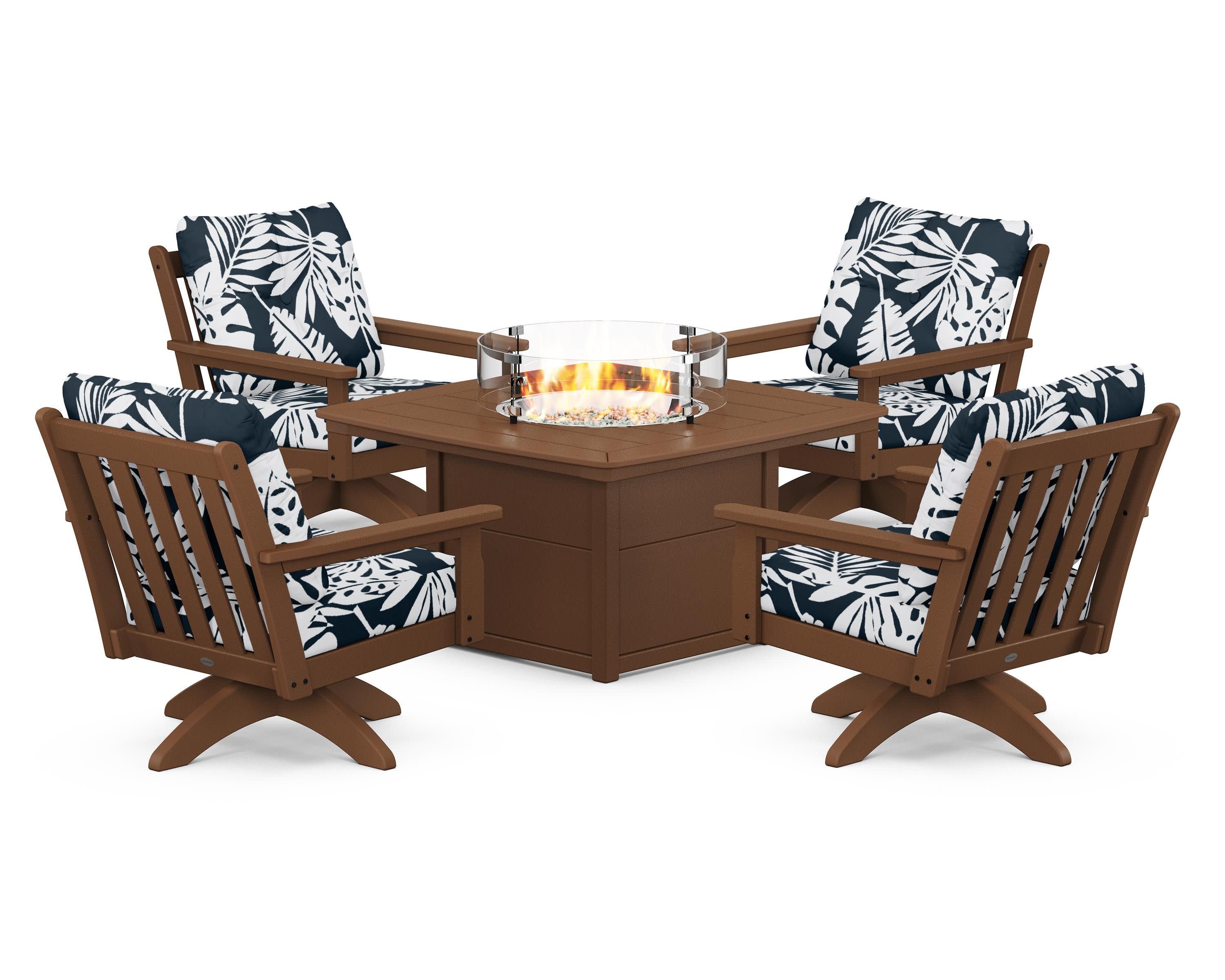 Vineyard 5-Piece Deep Seating Swivel Conversation Set with Fire Pit Table in Teak / Leaf Marine Indigo