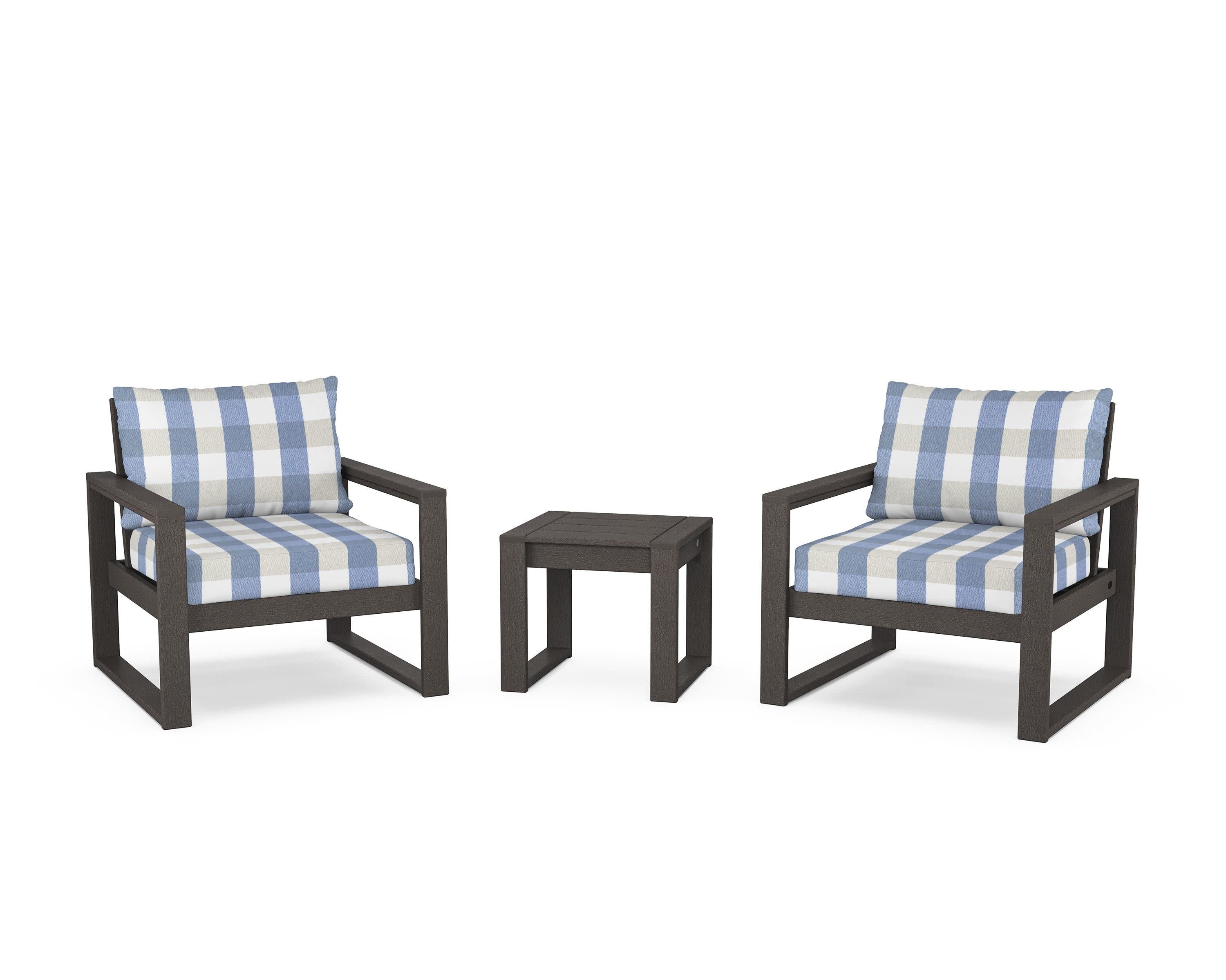 EDGE Sectional 3-Piece Deep Seating Set in Vintage Coffee / Buffalo Plaid Sky Blue