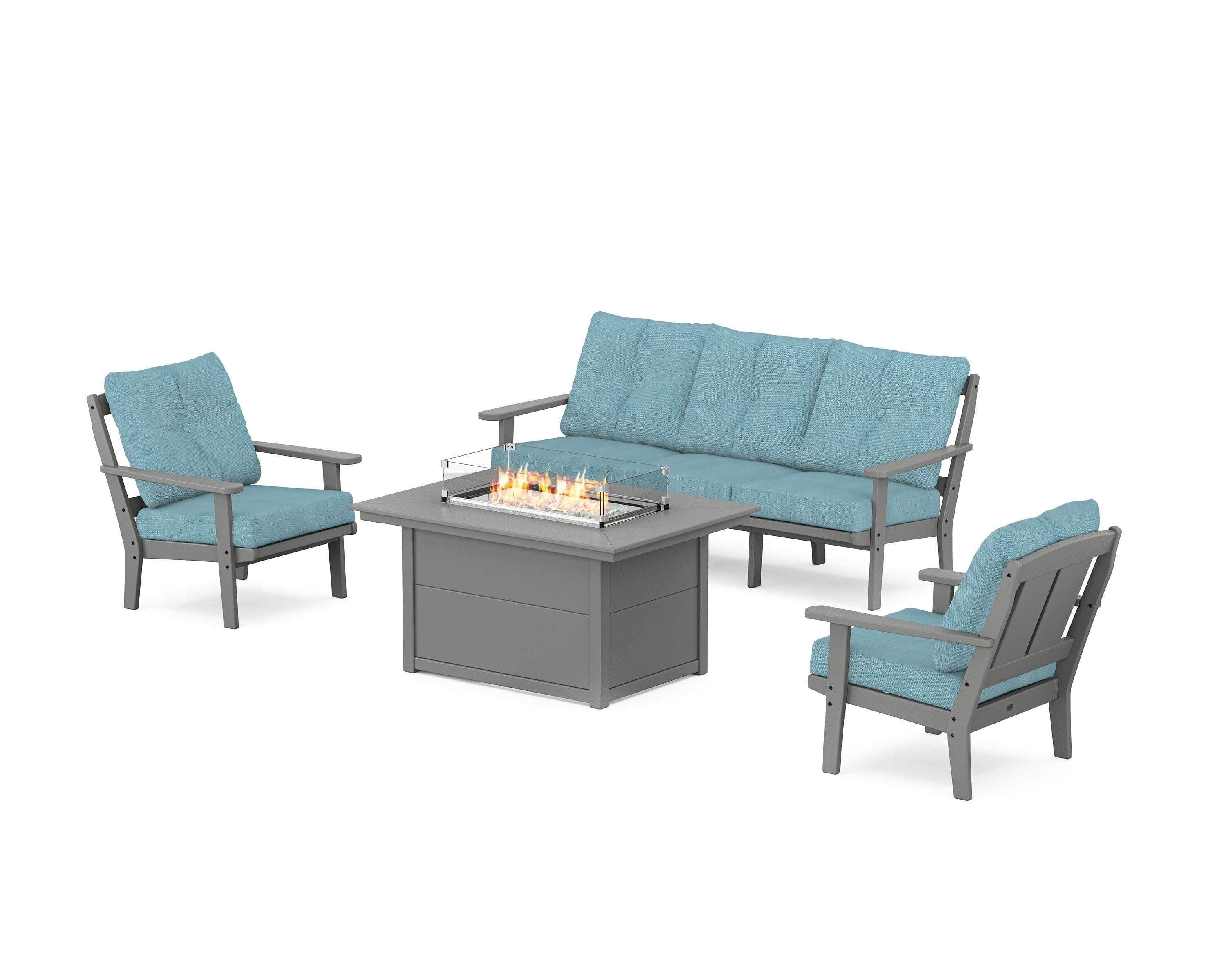 Mission Deep Seating Fire Pit Table Set in Slate Grey / Lattice Sky Blue