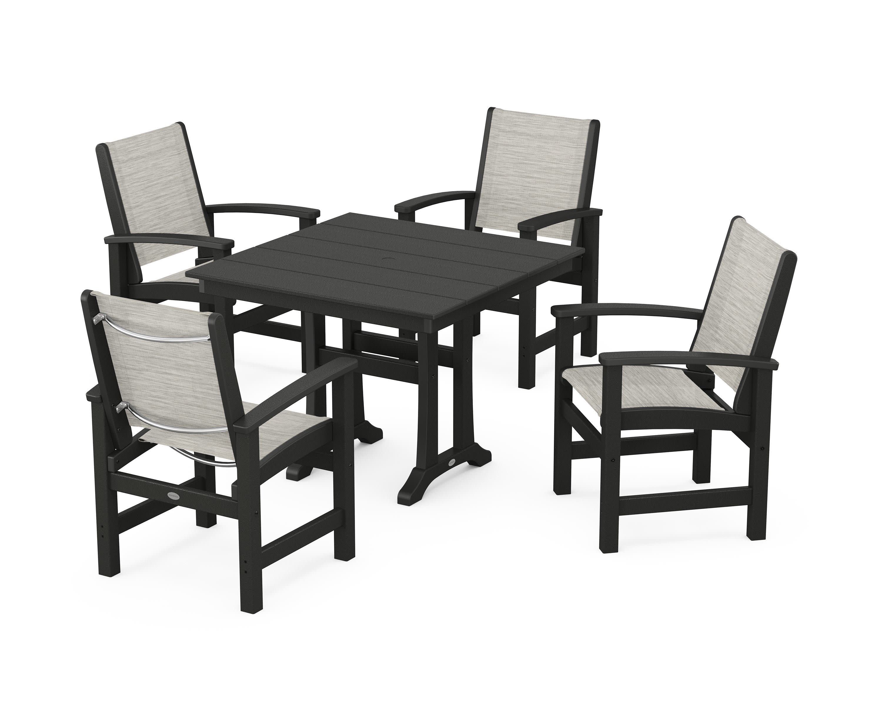 Coastal 5-Piece Farmhouse Dining Set With Trestle Legs in Black / Birch Sling