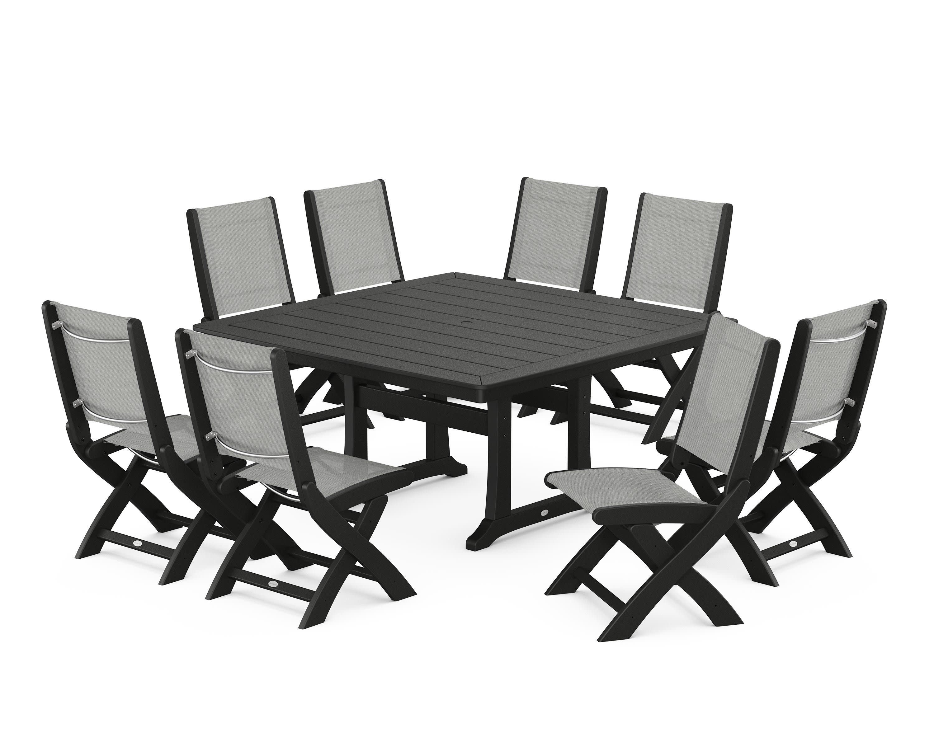 Coastal Folding Side Chair 9-Piece Dining Set with Trestle Legs in Black / Metallic Sling