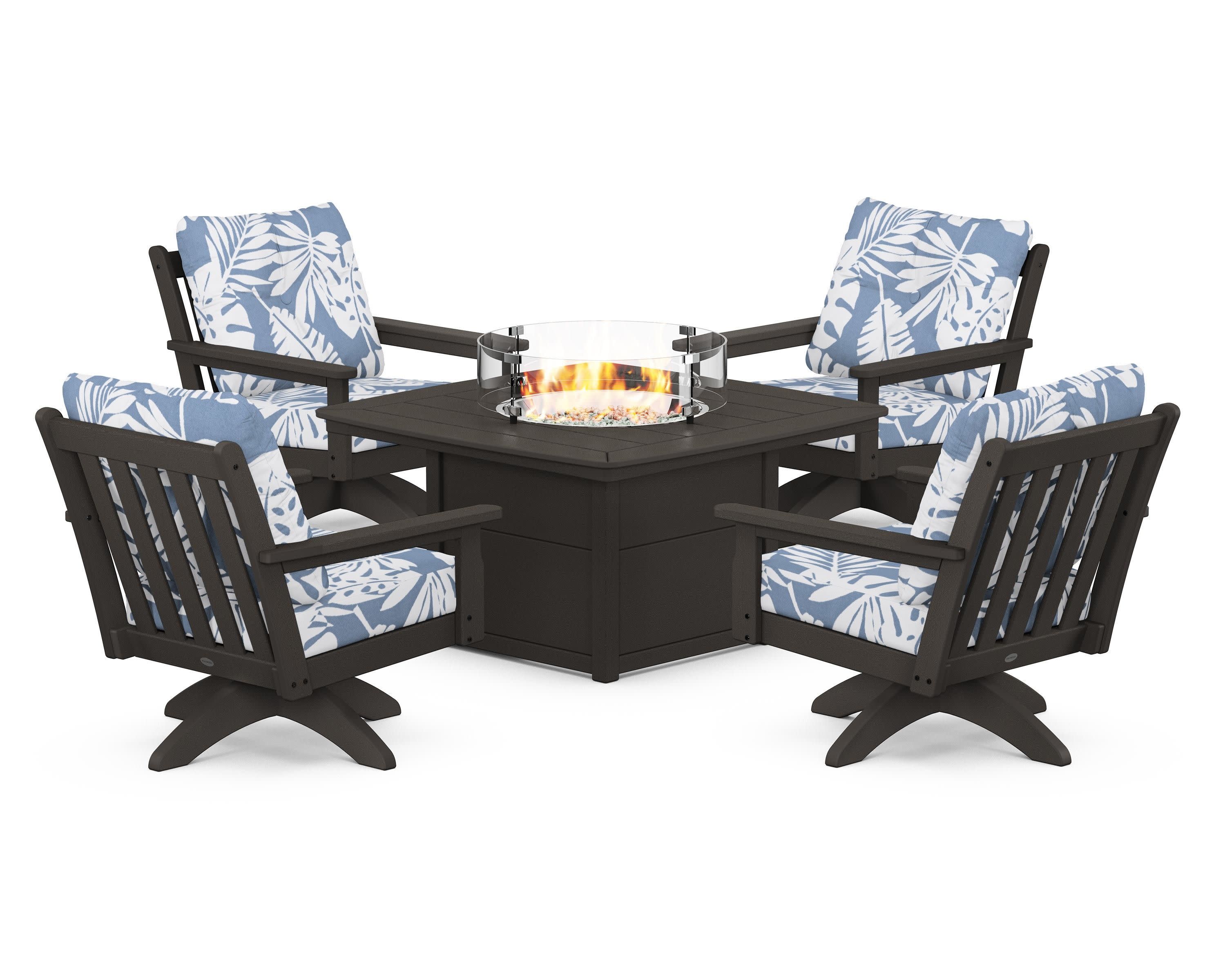 Vineyard 5-Piece Deep Seating Swivel Conversation Set with Fire Pit Table in Vintage Coffee / Leaf Sky Blue