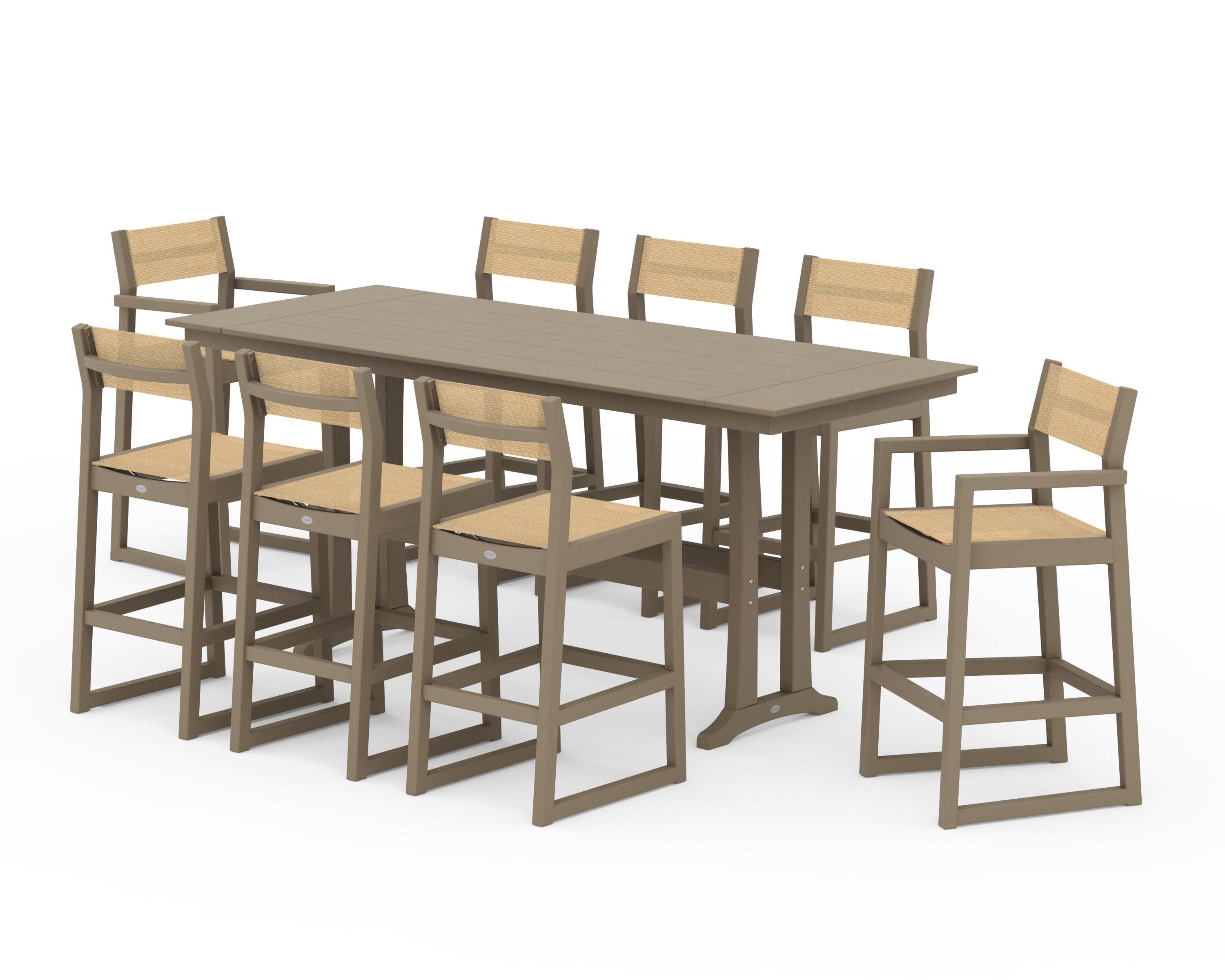 EDGE Sling 9-Piece Farmhouse Bar Set with Trestle Legs in Vintage Sahara / Dupioni Apricot Sling