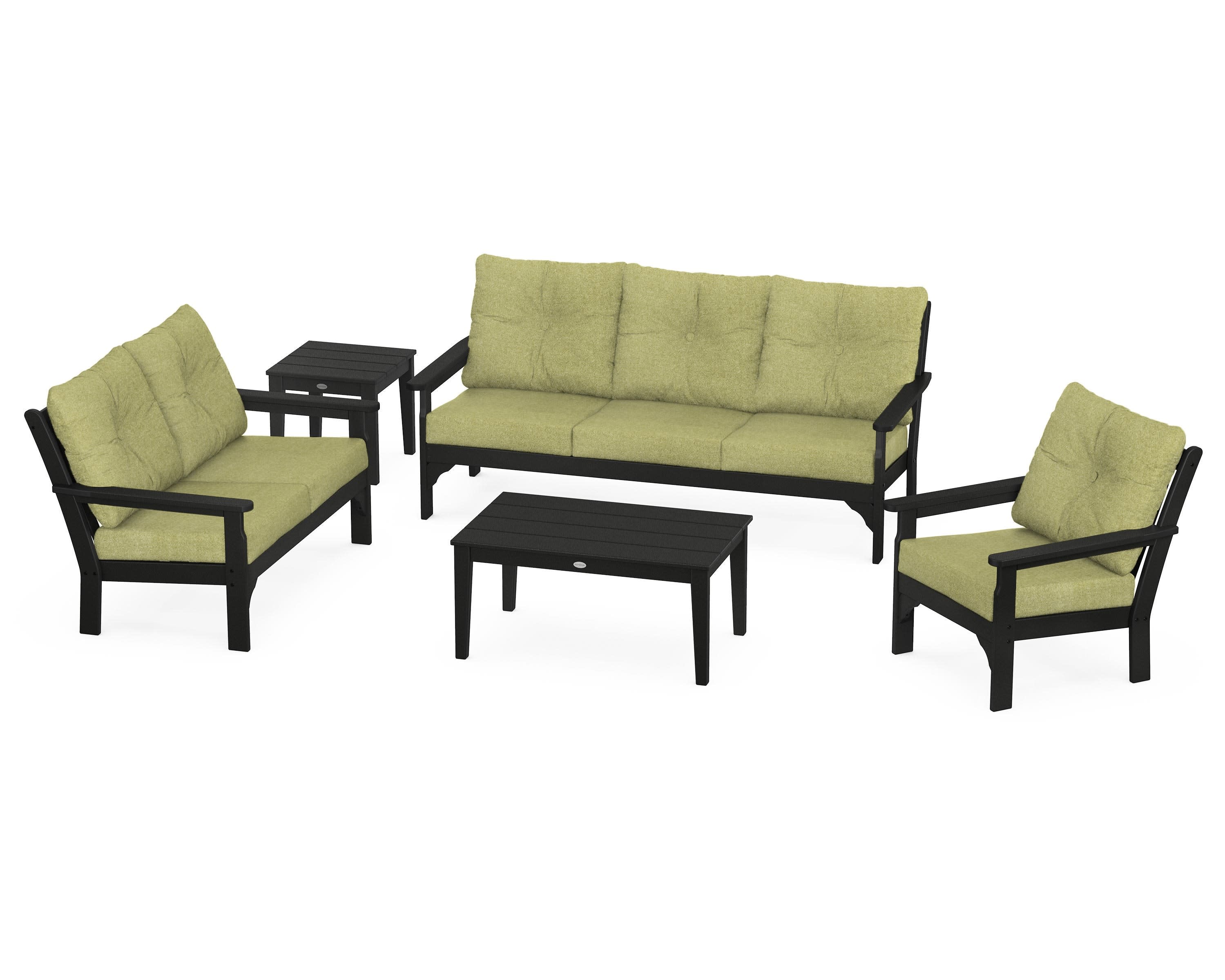 Vineyard 5 Piece Deep Seating Set in Black / Chartreuse Boucle