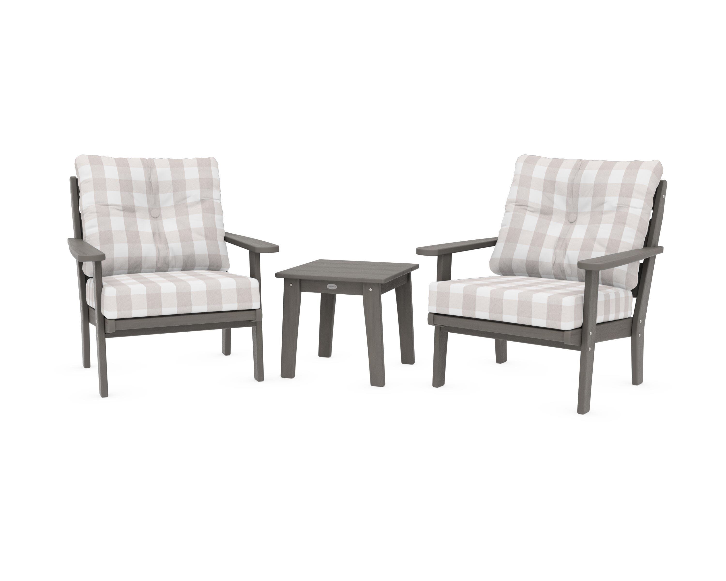 Lakeside 3-Piece Deep Seating Chair Set in Driftwood / Buffalo Plaid Dune Burlap