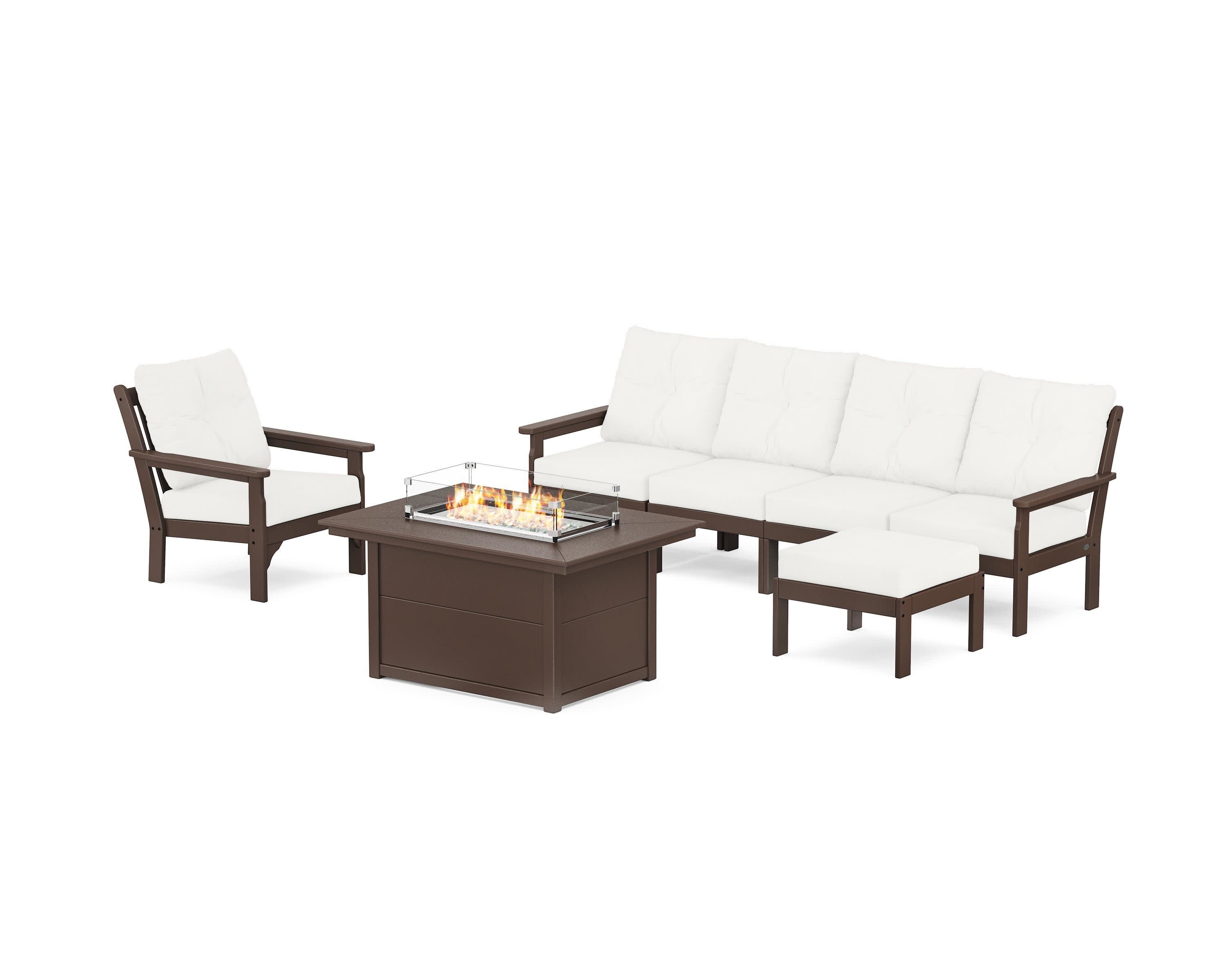 Vineyard Sectional Lounge and Fire Pit Set in Mahogany / Natural Linen